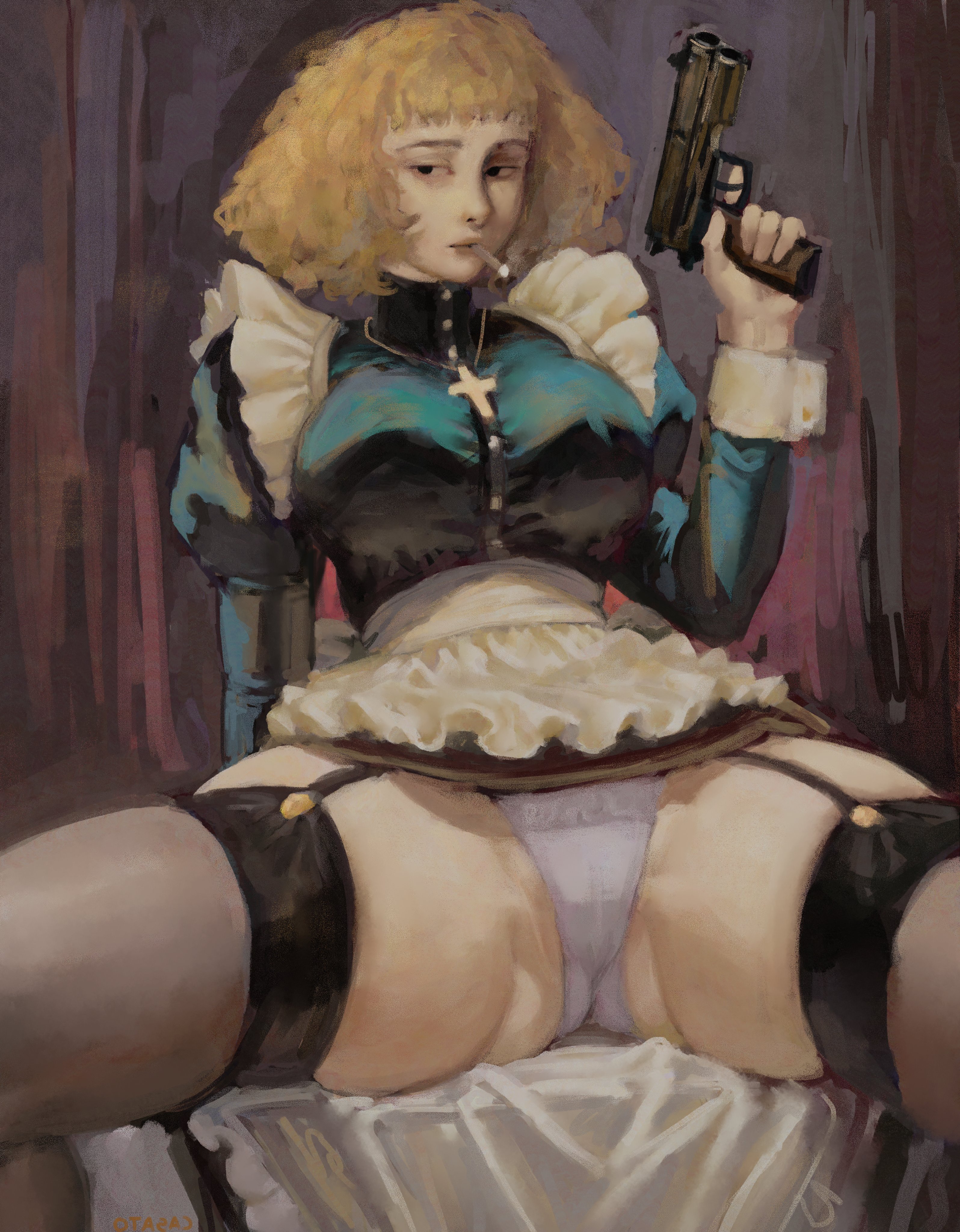 ass visible through thighs, big breasts, breasts, casato, dress, ellie (casato), female, garter straps, gun, legs apart, panties, pistol, sitting, thick thighs, thighhighs