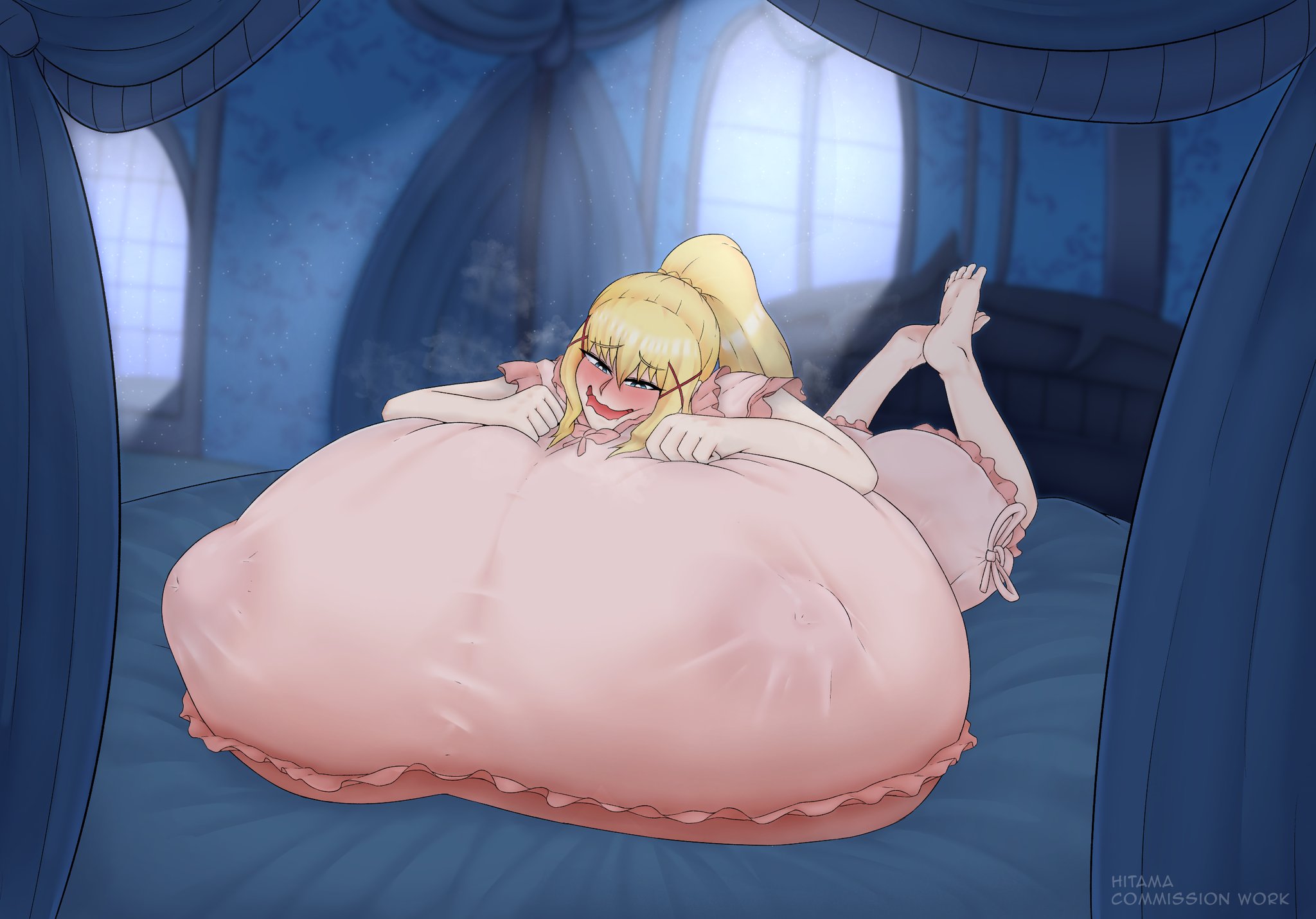1girls, blue eyes, blush, breasts, breasts bigger than body, breasts bigger than head, breasts bigger than torso, bursting breasts, darkness (konosuba), enormous breasts, erect nipples under clothes, excessive breast, female, gigantic breasts, gigantic nipples, hard nipples, hitama, horny, hyper, hyper breasts, hyper genitalia, kono subarashii sekai ni shukufuku wo!, long hair, massive breasts, no bra, puffy nipples, see-through, sleepy, solo female, source