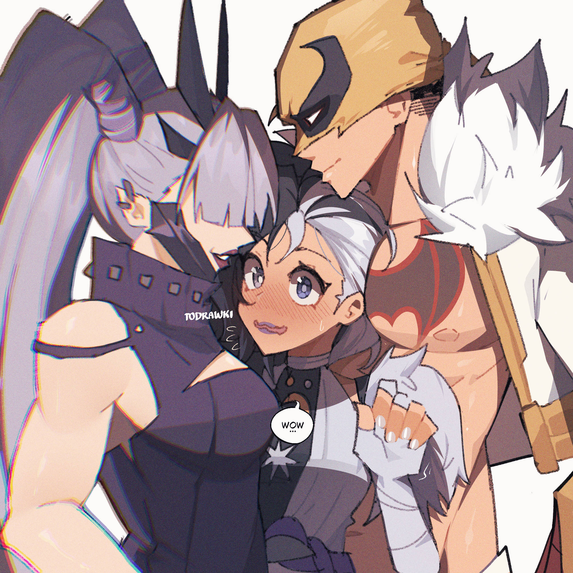 1boy, 2d, 2girls, big breasts, breasts, chinese male, chinese male korean female, chinese male russian female, chinese male white female, cleavage, clothed, clothed female, female, female focus, hair over eyes, iron fist, iron fist (immortal weapon of agamotto), iron fist (marvel rivals), lin lie, luna snow, luna snow (marvel rivals), luna snow (nolaehaneun manyeo), magik (illyana rasputin), magik (marvel rivals), magik (punkchild), male, marvel, marvel comics, marvel rivals, surrounded, todrawki