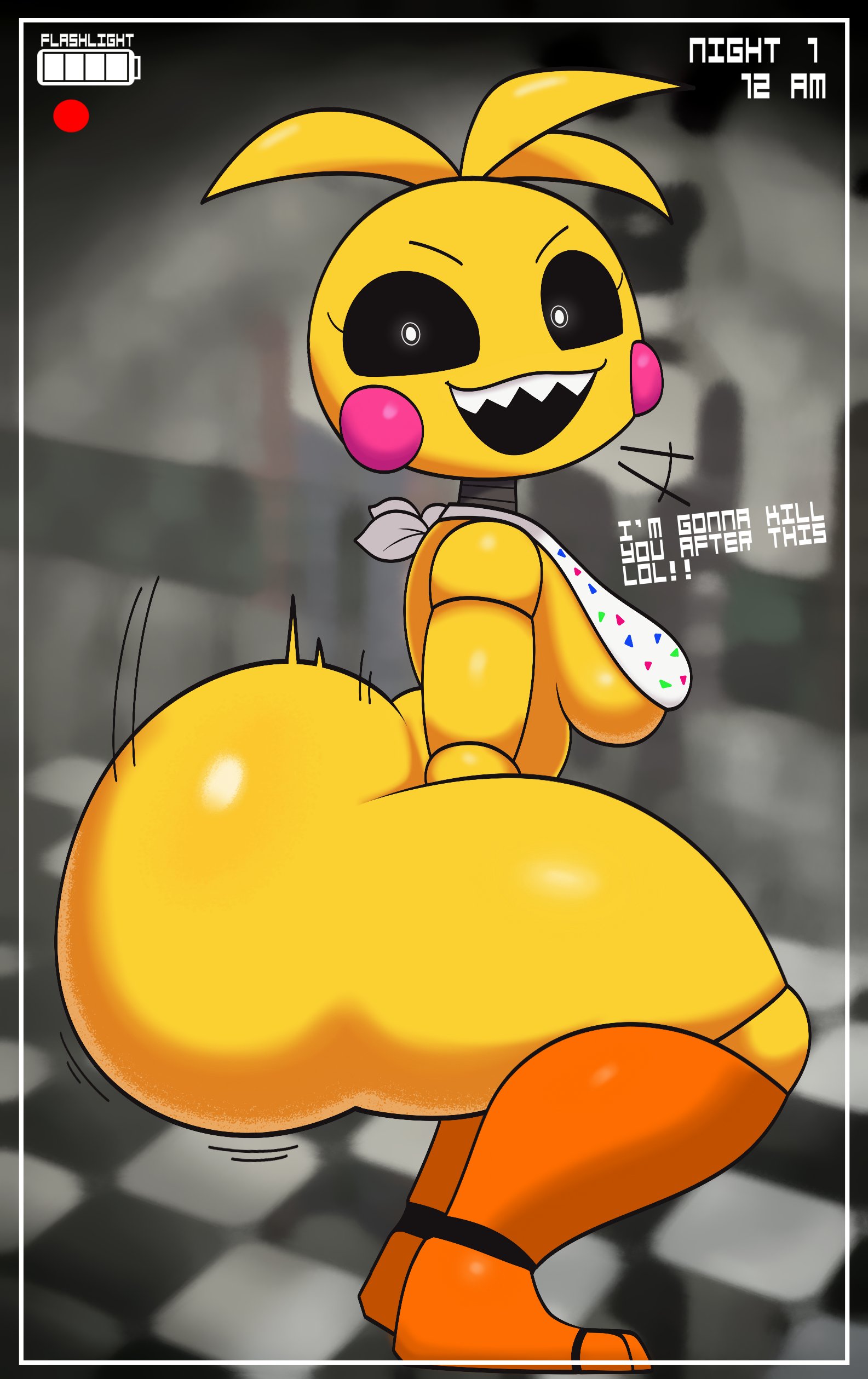 animatronic, ass, bottomless, breasts, camera view, color, dialogue, english text, female, five nights at freddy's, huge ass, jutsapostion, looking at viewer, side view, smile, solo, squatting, toy chica (fnaf), twerking