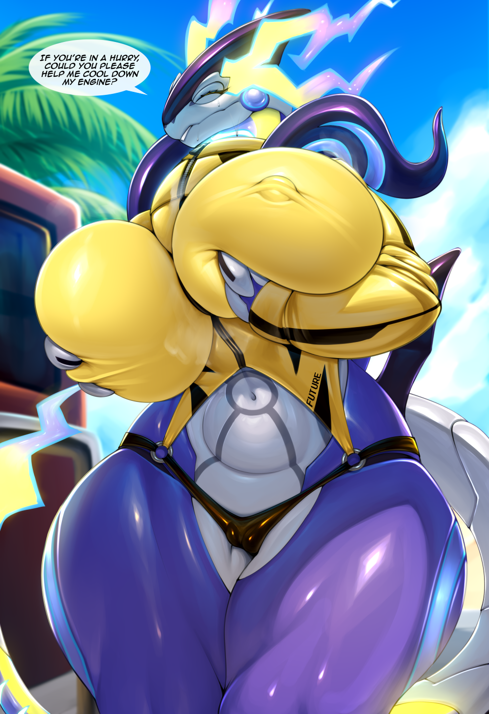 2025 ancient_pokemon anthro big_breasts bikini bikini_bottom breasts camel_toe clothing dragon female future_pokemon generation_9_pokemon genitals hi_res legendary_pokemon miraidon mleonheart mythological_creature mythological_scalie mythology nintendo nipples paradox_pokemon pokemon pokemon_(species) scalie smile solo swimwear thick_thighs two-piece_swimsuit vulva