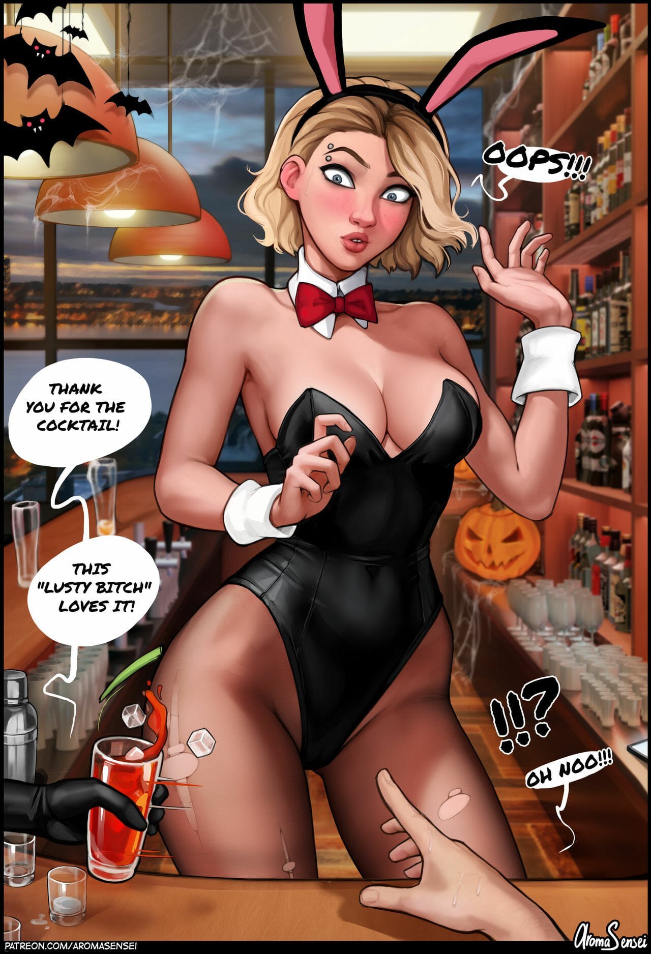 2d, 2d (artwork), aroma sensei, ass, bar, breasts, bunny girl, bunny tail, bunnysuit, cleavage, curvaceous, curvy, curvy female, curvy figure, dialogue, disney, elsa (frozen), female, female focus, female only, frozen (film), frozen 2, gwen stacy, light skin, light-skinned female, marvel, marvel comics, playboy bunny, spider-gwen, spider-man (series), spider-man: across the spider-verse, spider-man: into the spider-verse, tagme, text, thick thighs, thighs