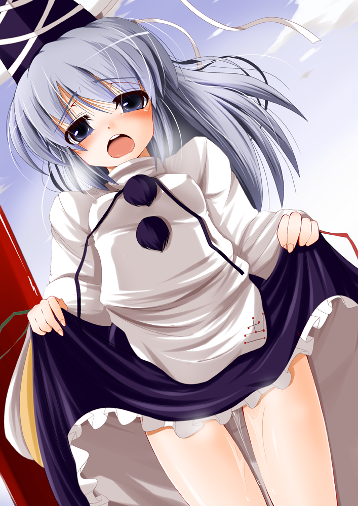 doburoku_(daiginjou) dress dress_lift hat japanese_clothes mononobe_no_futo open_mouth ponytail pussy_juice short_hair silver_hair solo tate_eboshi thighs tied_hair touhou