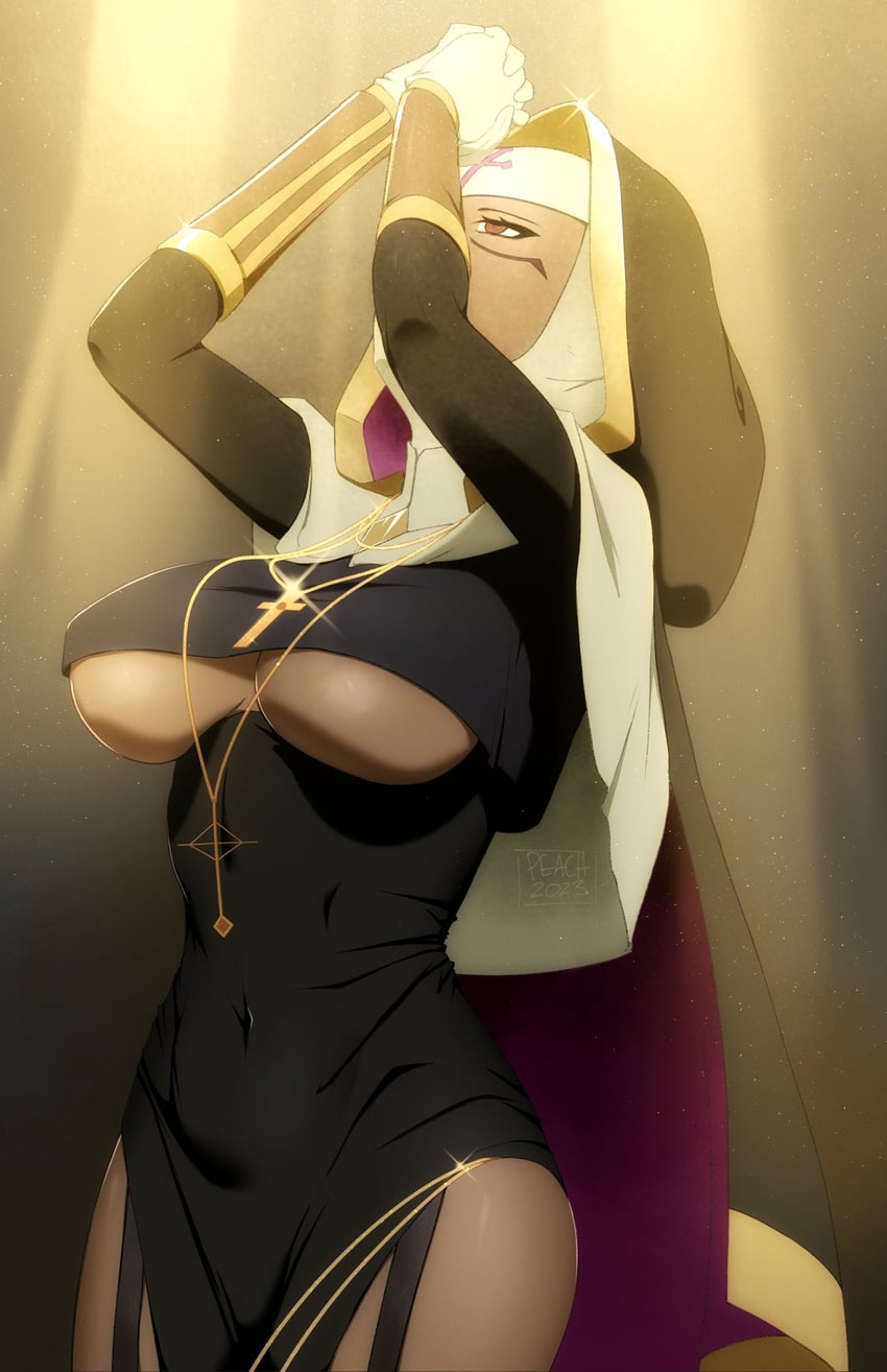 1girls, 2023, 2025, 2d, 2d (artwork), alternate costume, artist name, artist request, big breasts, blizzard entertainment, boob window, breasts, bright pupils, brown eyes, catholicism, clothed, clothed female, cross, cross necklace, crying, dark-skinned female, female, female only, glowing eyes, heroine, highres, human, human only, illari (overwatch), illari quispe ruiz, large breasts, latina, light, looking up, mostly clothed, necklace, no sex, nun, nun outfit, nun's habit, overwatch, overwatch 2, peruvian female, praying, religion, religious, solo, solo female, solo focus, tears, thighs, under cleavage, underboob, undercleavage
