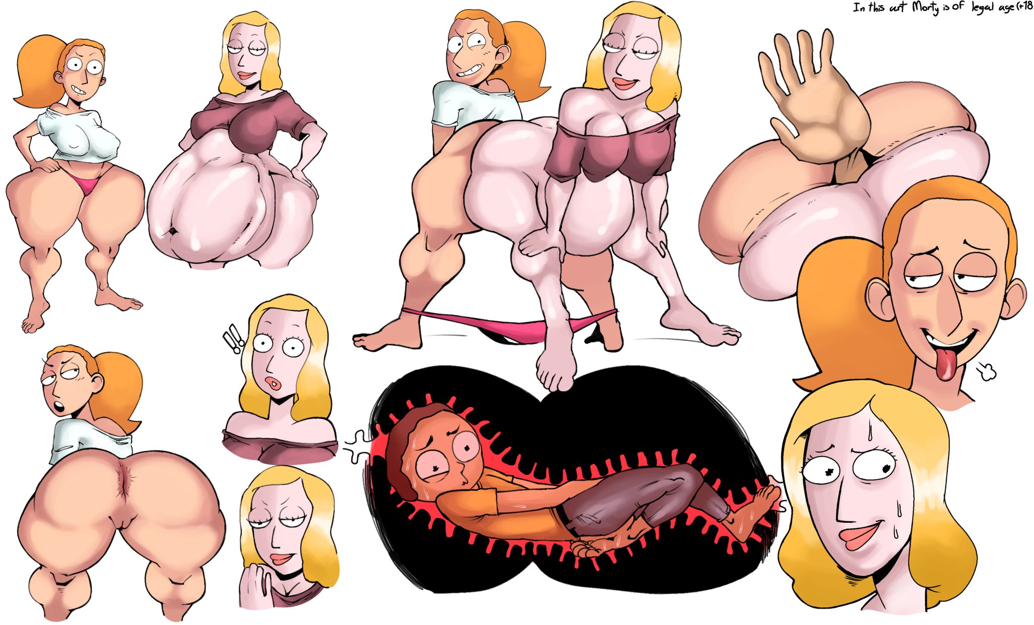 !!, 2025, anal vore, barefoot, bedroom eyes, beth smith, blonde hair, commission, digital drawing, digital media, female, female pred, garlicjrart, hands on hips, incest, morty smith, mother and daughter, mother pred, orange hair, prey transfer, rick and morty, safe vore, simple background, smirk, smirking, soft vore, son prey, summer smith, tongue, tongue out, vore, vore belly, white background, wide hips, wide thighs