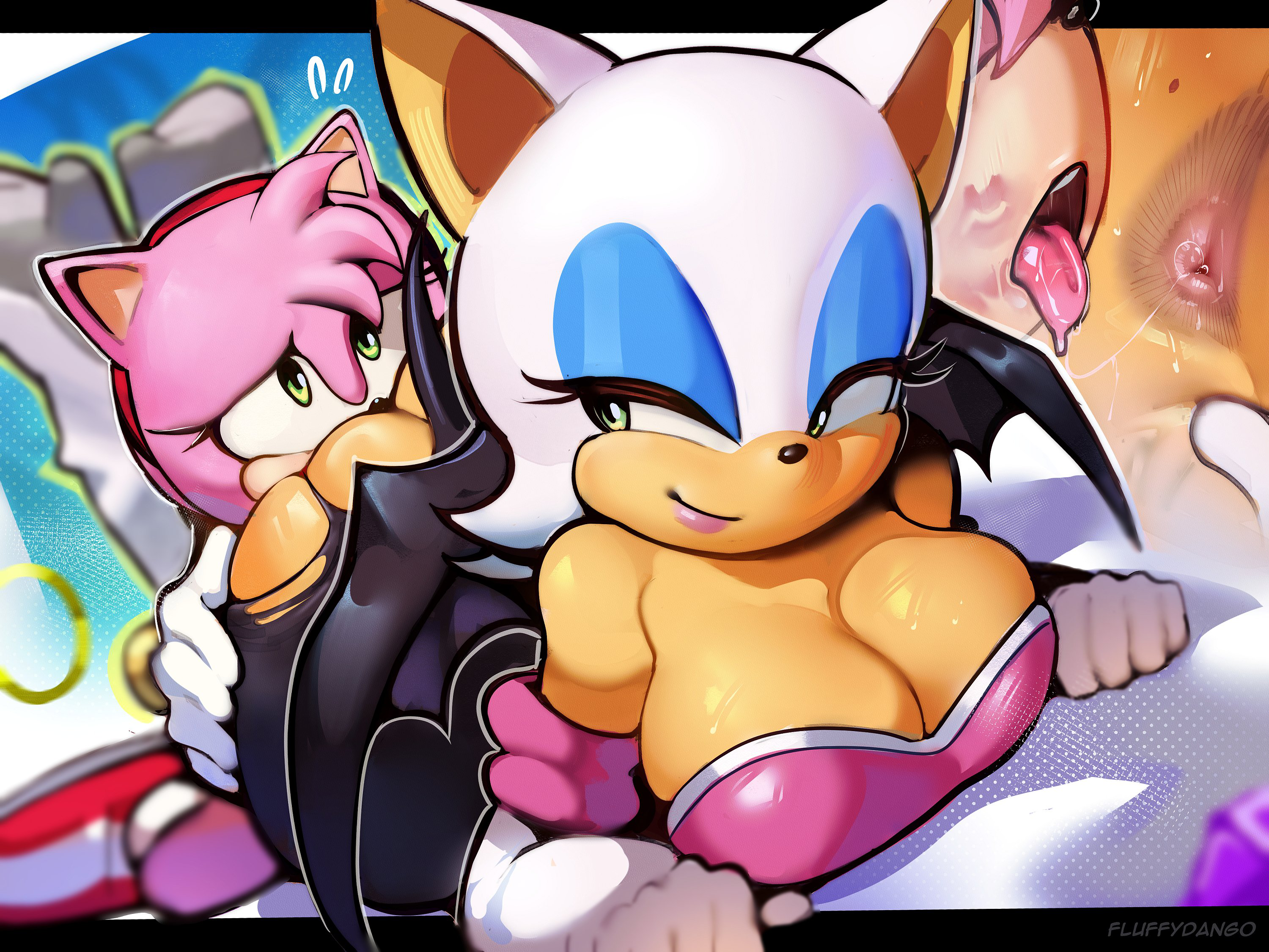 2girls, amy rose, anal, anilingus, anilingus from female, anthro, anthro on anthro, anus, ass, bat, big ass, big breasts, big butt, bodily fluids, breasts, busty, cleavage, clothed, clothing, digital media (artwork), duo, eating ass, eulipotyphlan, eyelashes, eyeshadow, female, female only, female rimmed, female rimming, female rimming female, female/female, femdom, fluffydango, footwear, fur, genitals, gloves, hair, half-closed eyes, handwear, hedgehog, hi res, lesbian, lezdom, lipstick, lipstick marks, lipstick on anus, lipstick on ass, lipstick smear, looking back, makeup, mammal, membrane (anatomy), membranous wings, mole, mole on anus, mole on ass, narrowed eyes, open mouth, oral, pink body, rimjob, rimming, rimming female, rouge the bat, saliva, saliva on anus, saliva on tongue, saliva string, saliva trail, sega, sex, shoes, smile, sonic (series), sonic the hedgehog (series), tagme, tail, teeth, tongue, tongue out, torn clothing, wings, yuri
