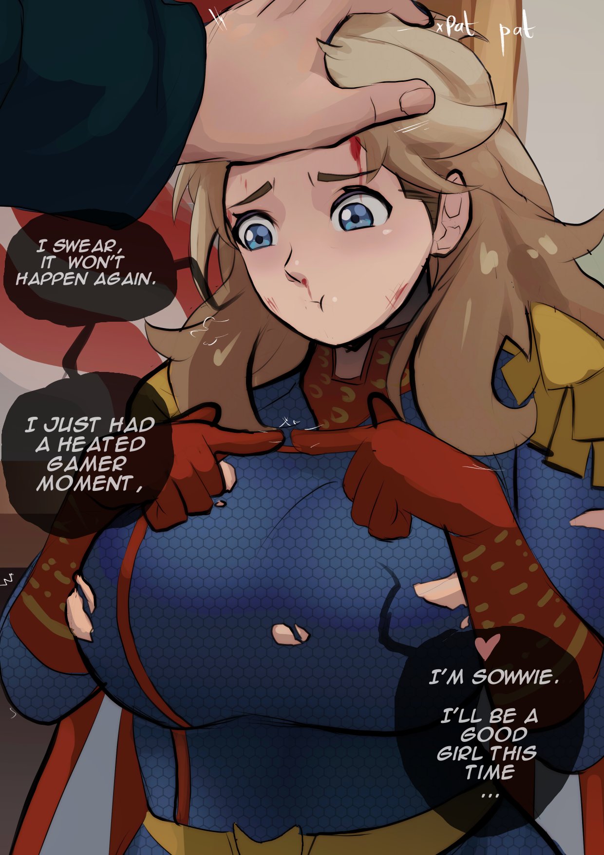 1boy, 1girls, big breasts, billy butcher, blonde hair, blue eyes, breasts, closed mouth, clothed, clothed female, clothed male, clothing, color, dialogue, english text, female, female focus, femlander, foonie xd, fully clothed, genderswap, genderswap (mtf), good girl, good girl (phrase), hand on head, homelander, human, indoors, light skin, long hair, looking down, male, open eyes, patting head, rule 63, text, the boys, twitter link