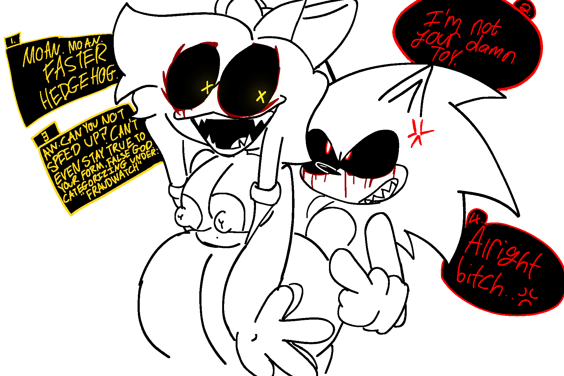 2025 afterdarkcircus anger_vein big_breasts bleeding_eyes bow crack_pairing crack_ship cyn_(murder_drones) cyntessa_(murder_drones) dialogue english_text female/male glowing_eyes hate_sex male/female murder_drones open_mouth red_eyes sharp_teeth sonic.exe_(character) sonic.exe_(series) speech_bubble taunting tessa_elliot thick_thighs white_background white_gloves yellow_eyes