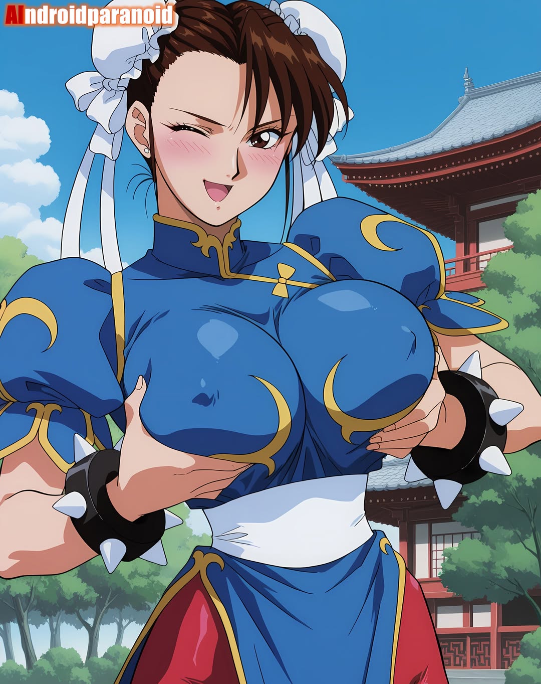 2025, ai generated, aindroidparanoid, breasts, brown eyebrows, brown-eyed female, brown-haired female, capcom, chun-li, chun-li (street fighter ii), female, instagram, looking at viewer, meta, metal bracelets, not porn, open mouth, pink cheeks, sky background, smile at viewer, smiling at viewer, street fighter, touching boobs, touching breasts, unknown place, white hairband, winking at viewer