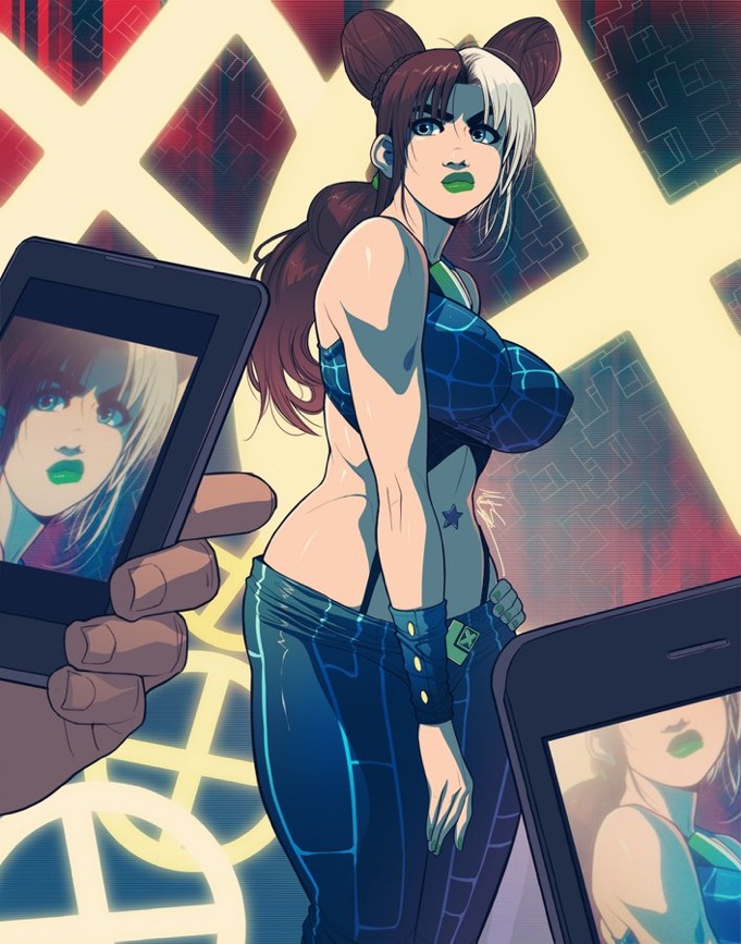 1girls, big breasts, breasts, brown hair, clothing, cosplay, female, female only, green lips, green lipstick, jojo's bizarre adventure, jolyne kujo, jolyne kujo (cosplay), large breasts, lipstick, marvel, marvel comics, msperoni, multicolored hair, part 6, phone, rogue (x-men), stone ocean, triplexmile, two-tone hair, white hair, x-men