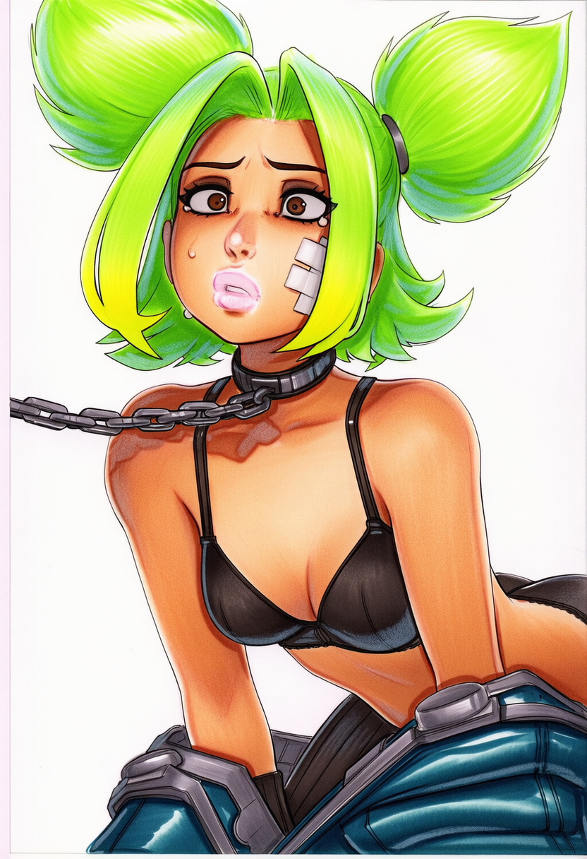 ai_generated all_fours black_lingerie chain_leash collar green_hair league_of_legends league_of_legends:_wild_rift pet_play petite petite_female skinny_female submissive_female surprised_expression twintails zeri_(league_of_legends)