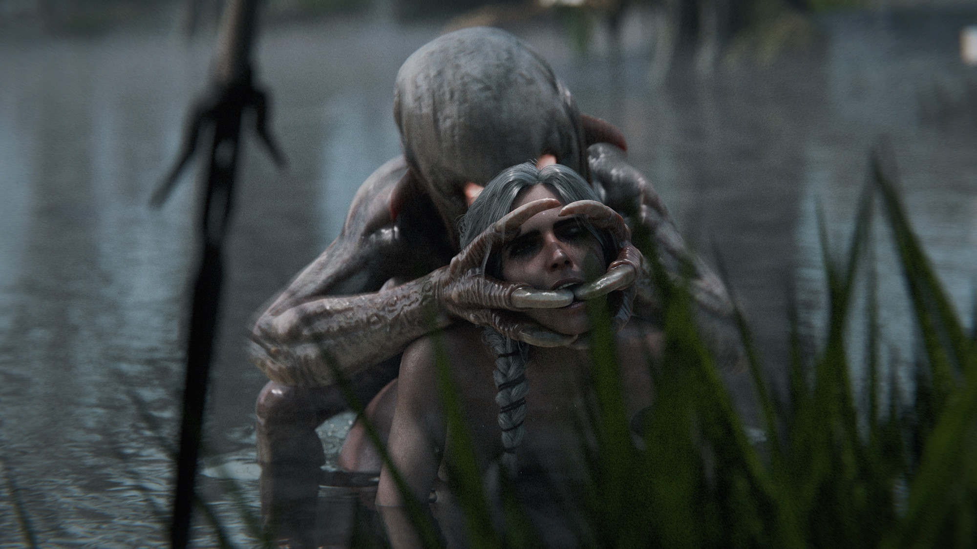 3d, bathing, braid, cd projekt red, ciri, completely nude, defeated, defeated heroine, female, finger in mouth, freckles, green eyes, head grab, light skin, light-skinned female, mascara, monster, monster on female, nekker, nude, penetration, pussy, scar, sex, sketch page, sword, the witcher (series), the witcher 4, vaginal penetration, vulint, white hair
