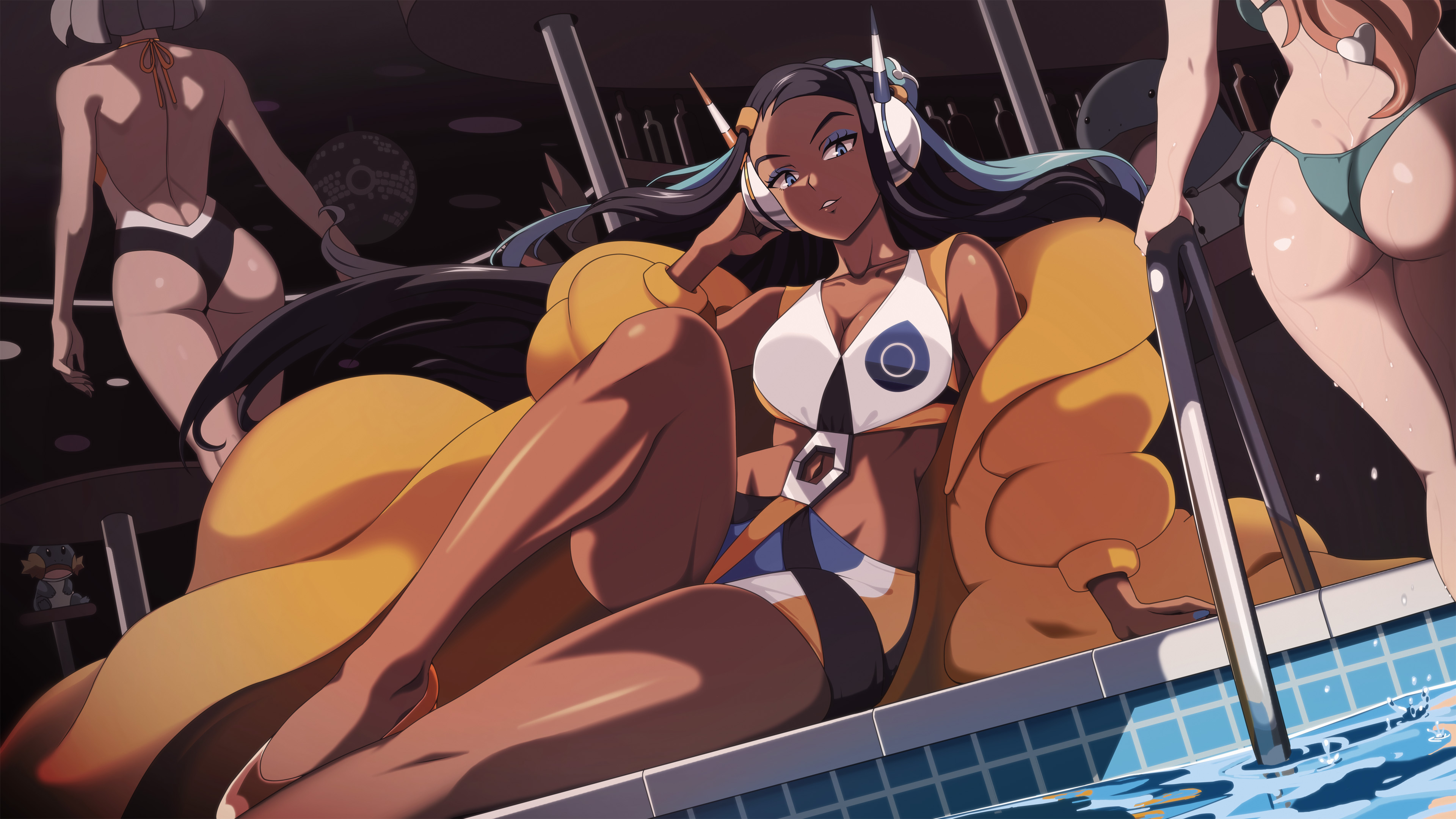 3girls, absurdres, arm support, ass, backless swimsuit, bare arms, bare shoulders, bea (pokemon), big ass, bikini, black hair, blue eyes, blue eyeshadow, blue hair, blue nails, breasts, coat, commentary, cosplay, crop top, dark skin, dark-skinned female, dutch angle, elesa (pokemon), elesa (pokemon) (cosplay), eyeshadow, female, fingernails, floating hair, foot out of frame, fur coat, game freak, gold shoes, green bikini, grey hair, hair ornament, headphones, heart, heart hair ornament, highres, large breasts, long hair, long sleeves, looking at viewer, makeup, model, mudkip, multicolored hair, multiple females, multiple girls, nail polish, nessa (pokemon), nintendo, off shoulder, one-piece swimsuit, open mouth, orange hair, pageantry, parted lips, pokemon, pokemon (creature), pokemon ss, pokemon swsh, poolside, puffy long sleeves, puffy sleeves, quagsire, shoes, short hair, shorts, sitting, skindentation, solo focus, sonia (pokemon), supermodel, swimsuit, two-tone hair, very long hair, vivivoovoo, water, yellow coat, yokozuwari