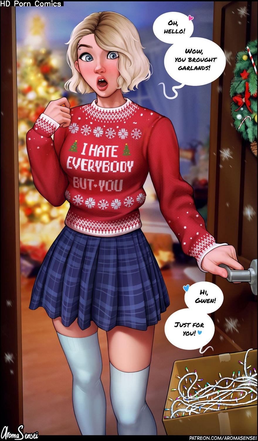 aroma sensei, christmas, christmas lights, christmas outfit, christmas tree, dialogue, gwen stacy, looking at viewer, marvel, marvel comics, mouth open, skirt, spider-gwen, spider-man (series), spider-man: across the spider-verse, spider-man: into the spider-verse, sweater, tagme, text, thick thighs, thighhighs, thighs