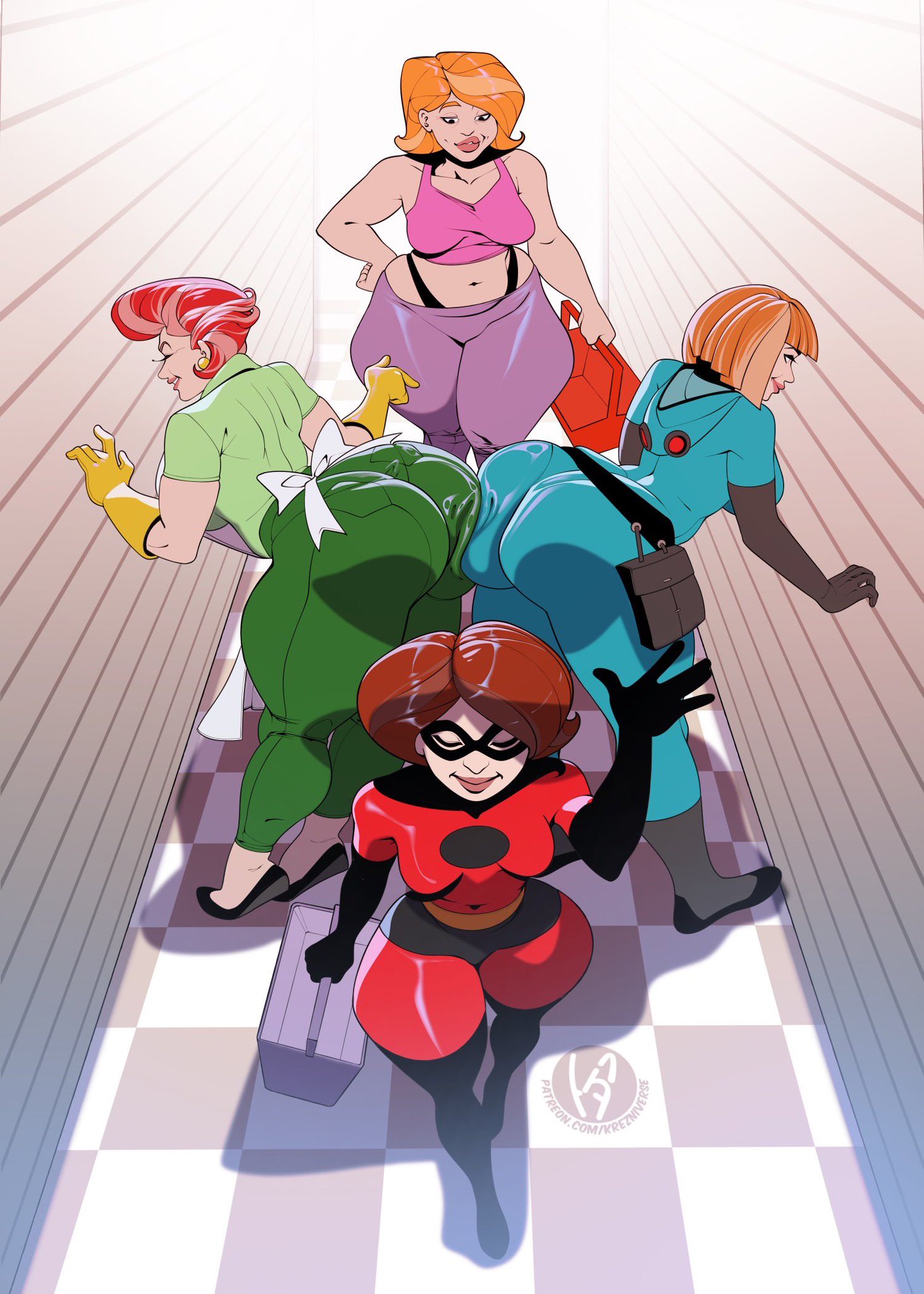 2025, 4girls, artist logo, ass, ass to ass, big ass, big breasts, big thighs, black boots, bob cut, boots, breasts, brown hair, brown-haired female, brunette, brunette hair, bubble ass, bubble butt, bust, busty, cartoon network, crossover, curvaceous, curvy, curvy figure, danny phantom, debbie turnbull, debs turnbull, dexter's laboratory, dexter's mom, digital media, disney, elastigirl, elbow gloves, face mask, female, gloves, helen parr, hips, hourglass figure, huge thighs, human, human only, krezlit, krezniverse, large thighs, latex, latex gloves, legs, light skin, light-skinned female, madeline fenton, mature, mature female, milf, milfs, mother, mothers, multiple females, multiple girls, nickelodeon, orange hair, pixar, red hair, redhead, redhead female, robotboy, round ass, round butt, short hair, slim waist, the incredibles, thick, thick hips, thick legs, thick thighs, thigh boots, thighs, thong straps, twitter link, voluptuous, waist, whale tail, whale tail (clothing), wide hips, wide thighs, yellow gloves