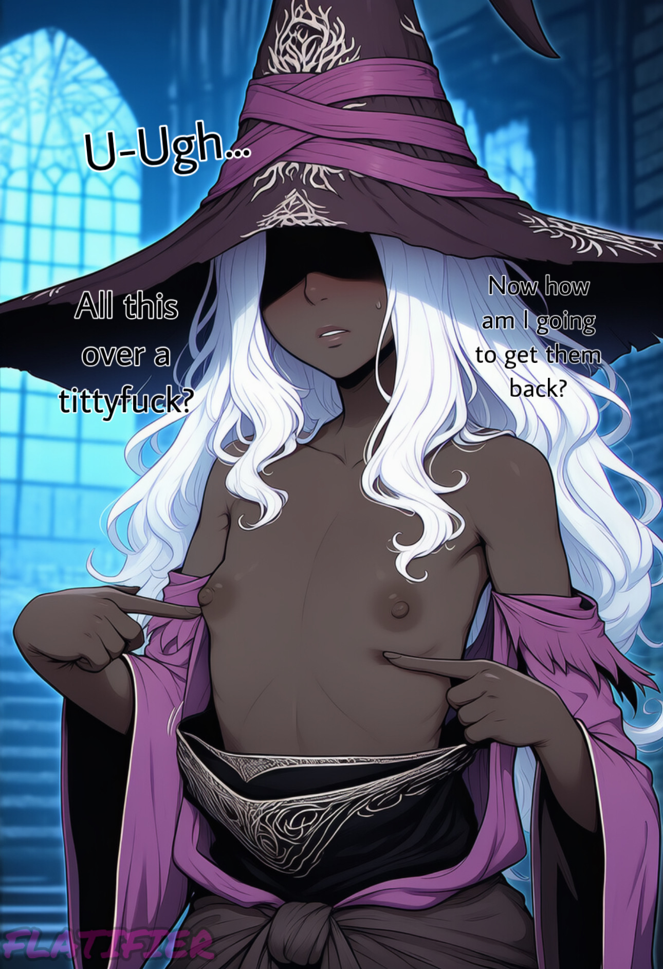 ai generated, big breasts, breast expansion, breast growth, breast growth (enlargement), breast reduction, breast shrinking, breasts, dark skin, dark-skinned female, elden ring, elden ring nightreign, female, flat chest, flat chested, flatifier, fromsoftware, gigantic breasts, grey skin, huge breasts, large breasts, recluse (nightreign), small breasts, witch, witch hat