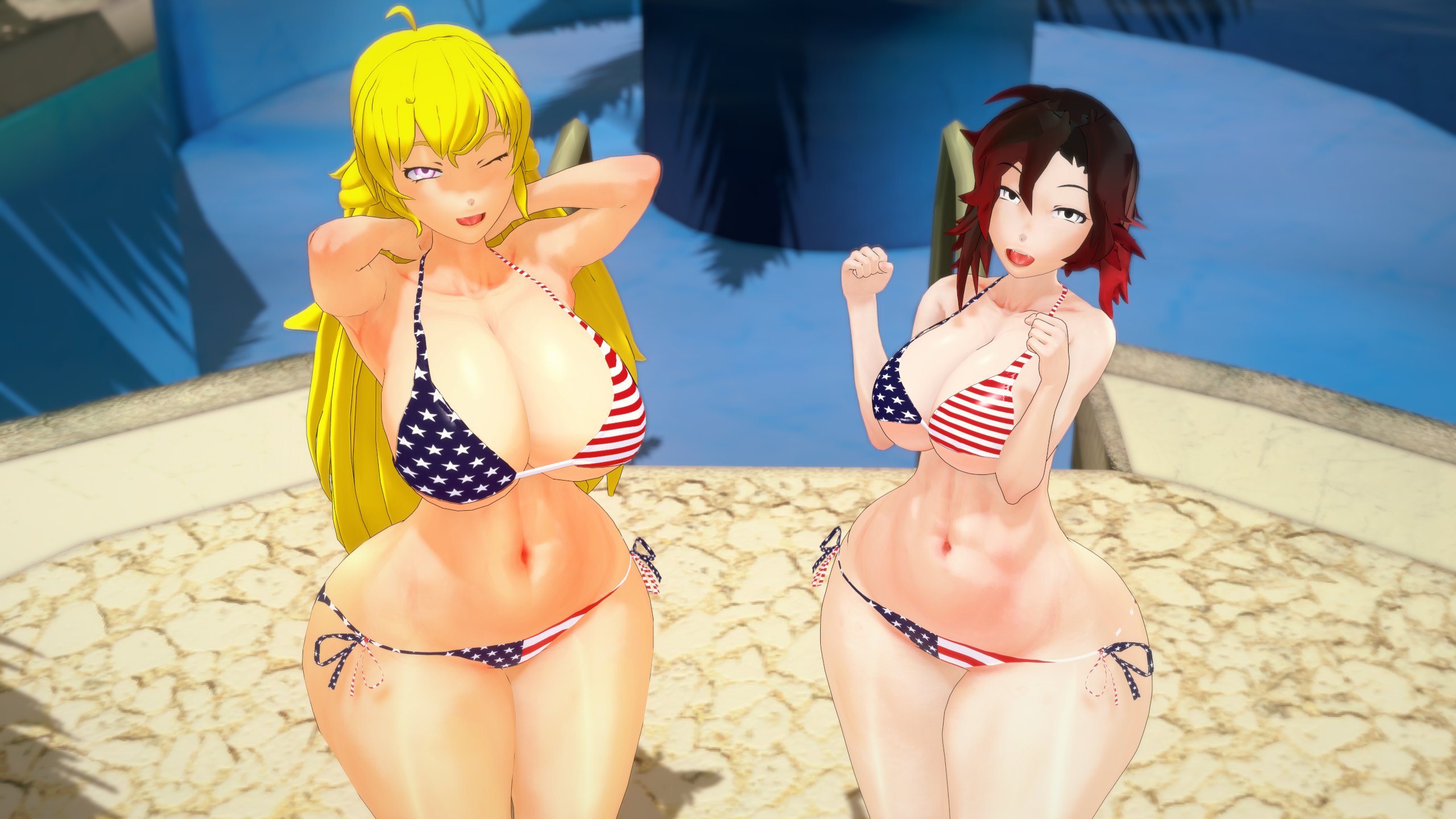 2girls, 3d, american flag bikini, armpits, arms behind head, big breasts, bikini, bikini bottom, bikini top, black hair, black-haired female, blonde female, blonde hair, breasts, different breast sizes, female, female only, fourth of july, half naked, half naked female, half-dressed, half-sisters, long hair, long-haired female, looking at viewer, morepolygons11, navel, pose, posing, purple eyes, red highlights, ruby rose, rwby, sensual, sexy, sexy armpits, sexy body, silver eyes, sisters, smile, toned, yang xiao long