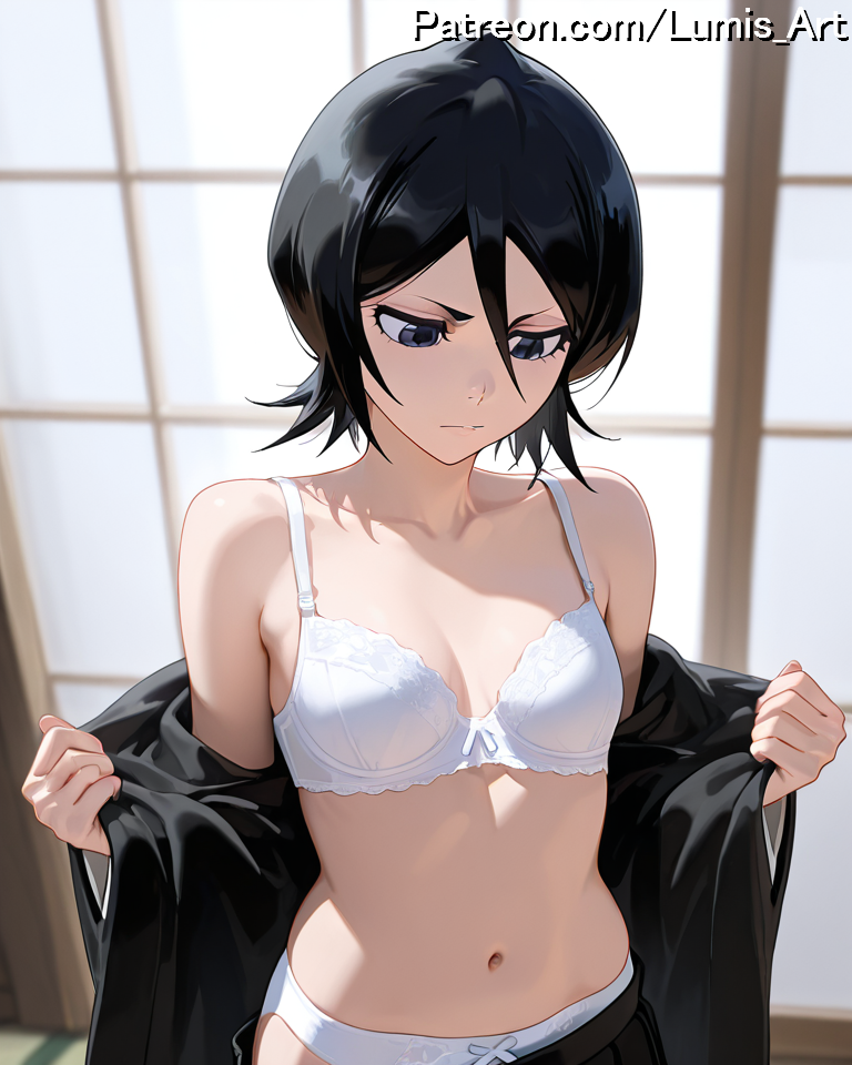 2025, ai assisted, ai generated, artist name, bangs, black hair, black kimono, bleach, bleach: the thousand-year blood war, blurry, blurry background, bow, bra, breasts, cleavage, closed mouth, female, frown, high quality, high res, high resolution, highres, indoors, japanese clothes, kimono, kuchiki rukia, long sleeves, looking at viewer, lumis art, medium breasts, navel, off shoulder, open clothes, panties, patreon, short hair, shouji, sliding doors, solo, stable diffusion, underwear, undressing, watermark, white bra, white panties, window