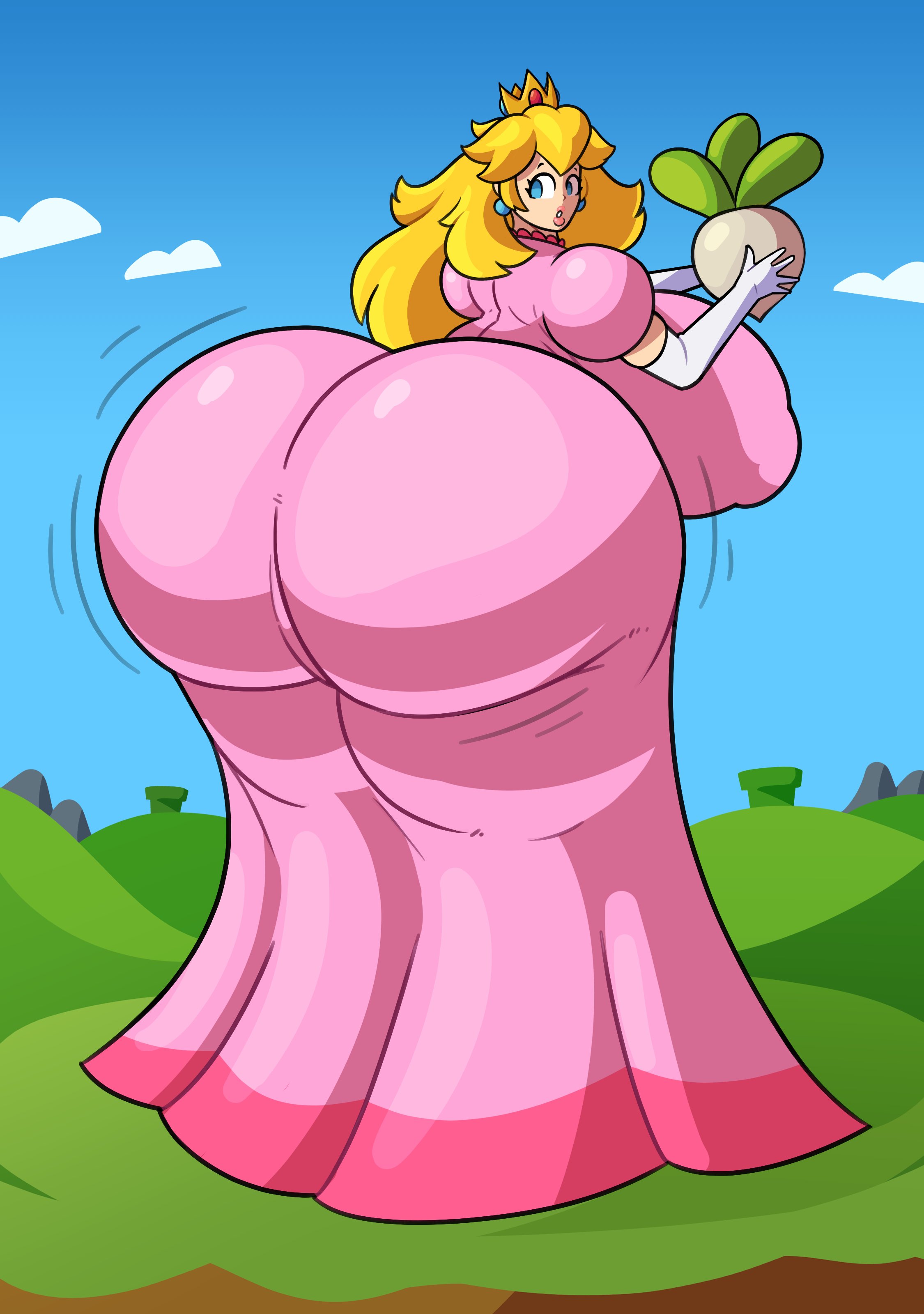 1girls, ass, ass bigger than head, breasts, breasts bigger than head, bubble ass, bubble butt, enormous ass, evilfiendish, fat ass, female, giantess, huge breasts, hyper, hyper ass, hyper breasts, large female, looking back, mario (series), mini giantess, nintendo, princess, princess peach, royalty, solo female, tagme, taller female