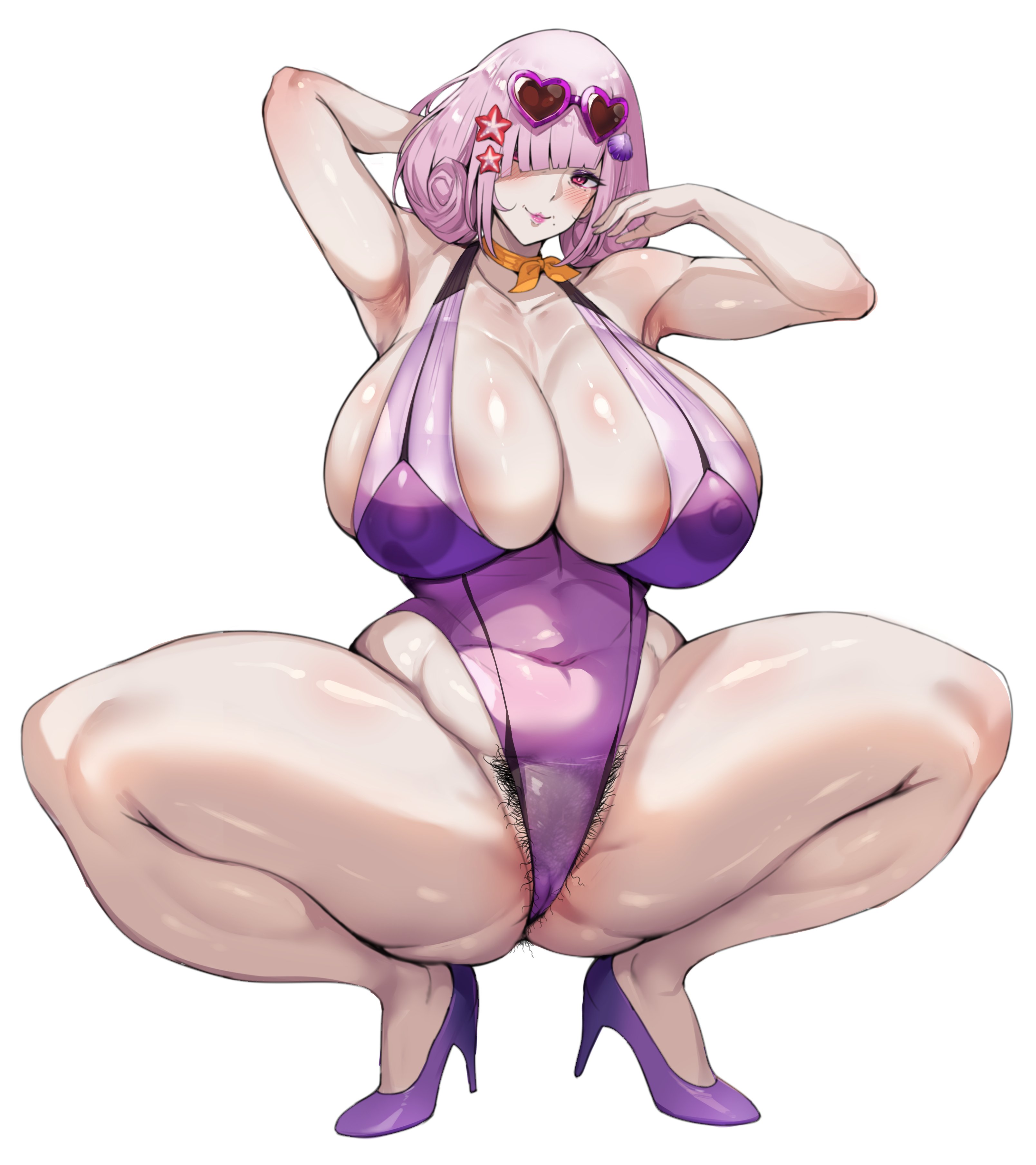 anus hair, areola, areola slip, areolae, armpit, armpit crease, armpits, ascot, ass, bbw, breasts, chubby, chubby female, female, hairy pussy, heels, huge breasts, huge nipples, kurameki kyou, kuramekira, lipstick, mature female, mature woman, mole, mommy, mother, older female, one-piece swimsuit, pink hair, pubes, pubes exposed, pubic hair, pussy, squatting, squatting position, squish, sunglasses, sunglasses on head, swimsuit, thick legs, thick thighs, thighs, virtual youtuber