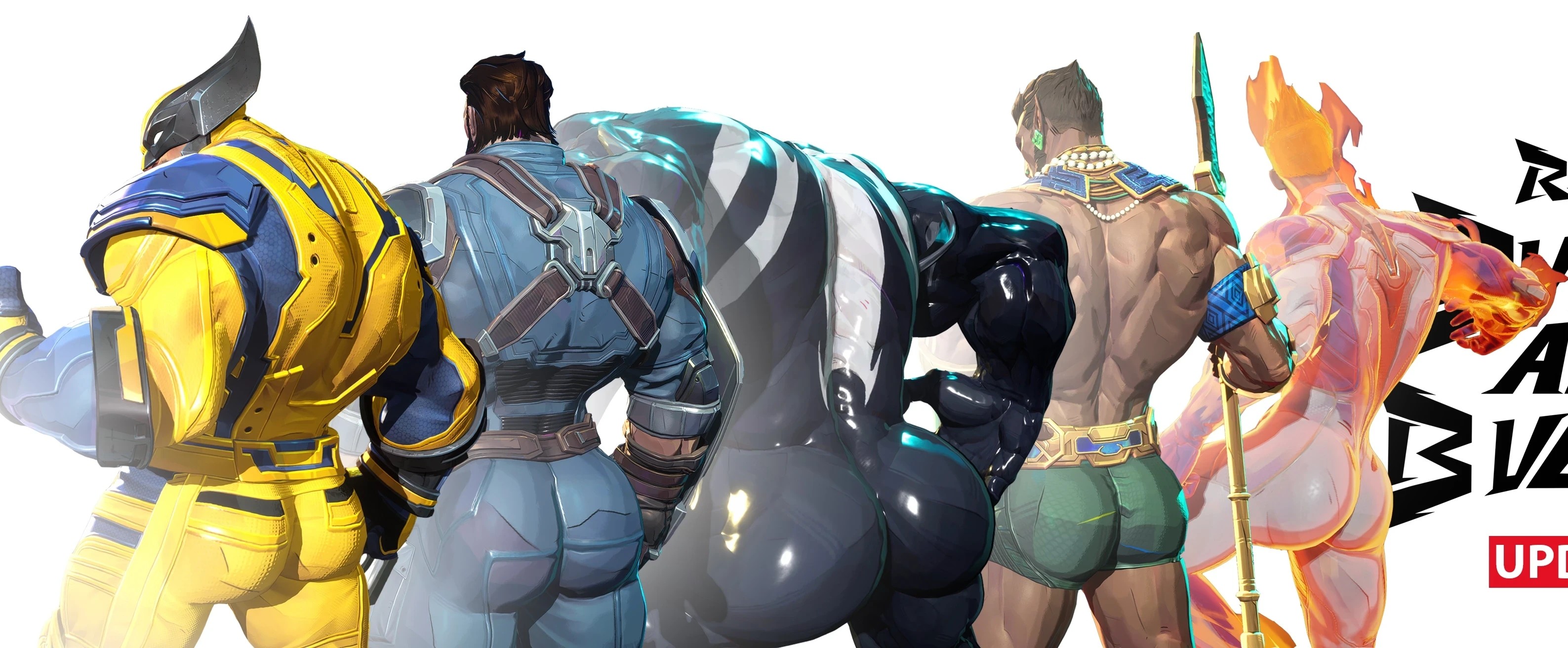 5boys, ass, ass focus, avengers, big ass, big ass (male), big butt, big butt (male), bodysuit, brown hair, bubble ass, bubble butt, butt, butt focus, captain america, captain america (marvel rivals), captain america (series), fantastic four, fat ass, fat butt, frellinghazmot, huge ass, huge butt, human torch, human torch (marvel rivals), johnny storm, large ass, large butt, lineup, male, male only, marvel, marvel comics, marvel rivals, mesoamerican, muscular, muscular male, namor mckenzie (ch'ah toh almehen), namor mckenzie (sub-mariner), rear view, round ass, round butt, spider-man (series), sub-mariner (marvel comics), superhero, take your pick, thick ass, thick butt, venom, venom (marvel rivals), venom (marvel), wolverine (marvel rivals), wolverine (x-men), x-men, yaoi