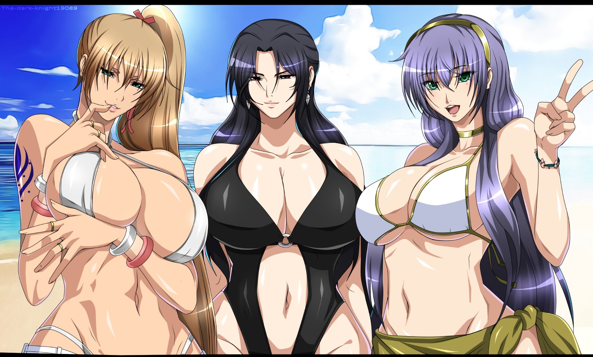 3girls, age difference, arm under breasts, athena (saint seiya), beach, big breasts, bikini, black hair, blonde hair, blush, breast size difference, breasts, cleavage, crane yuzuriha, female, female only, huge breasts, ingridd88, large breasts, light smile, open mouth, pandora (saint seiya), peace sign, ponytail, purple hair, revealing swimsuit, saint seiya: the lost canvas, sand, sasha, seductive, seductive look, seductive smile, silver saints, smile, specters, spinoff, swimsuit, trio, water, wide hips