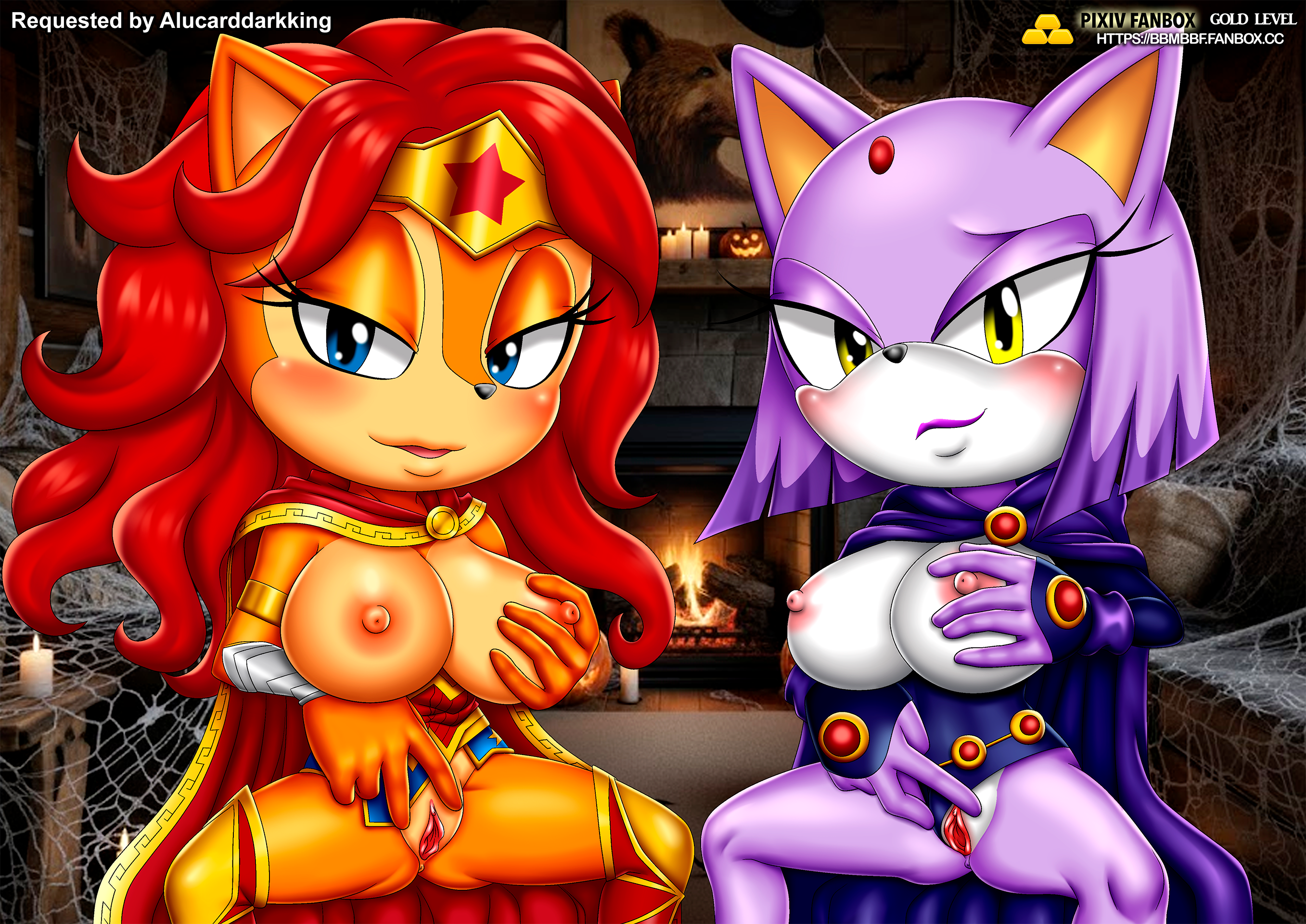 2girls, anthro, anus, ass, bbmbbf, big breasts, blaze the cat, blush, breasts, cosplay, dc, dc comics, female, female only, gold level, grabbing own breast, looking at viewer, mobian (species), mobius unleashed, nipples, open mouth, palcomix, pietros secret club, pussy, raven (cosplay), sally acorn, sega, sonic (series), sonic the hedgehog (series), spread pussy, spreading, tongue, wonder woman (cosplay)