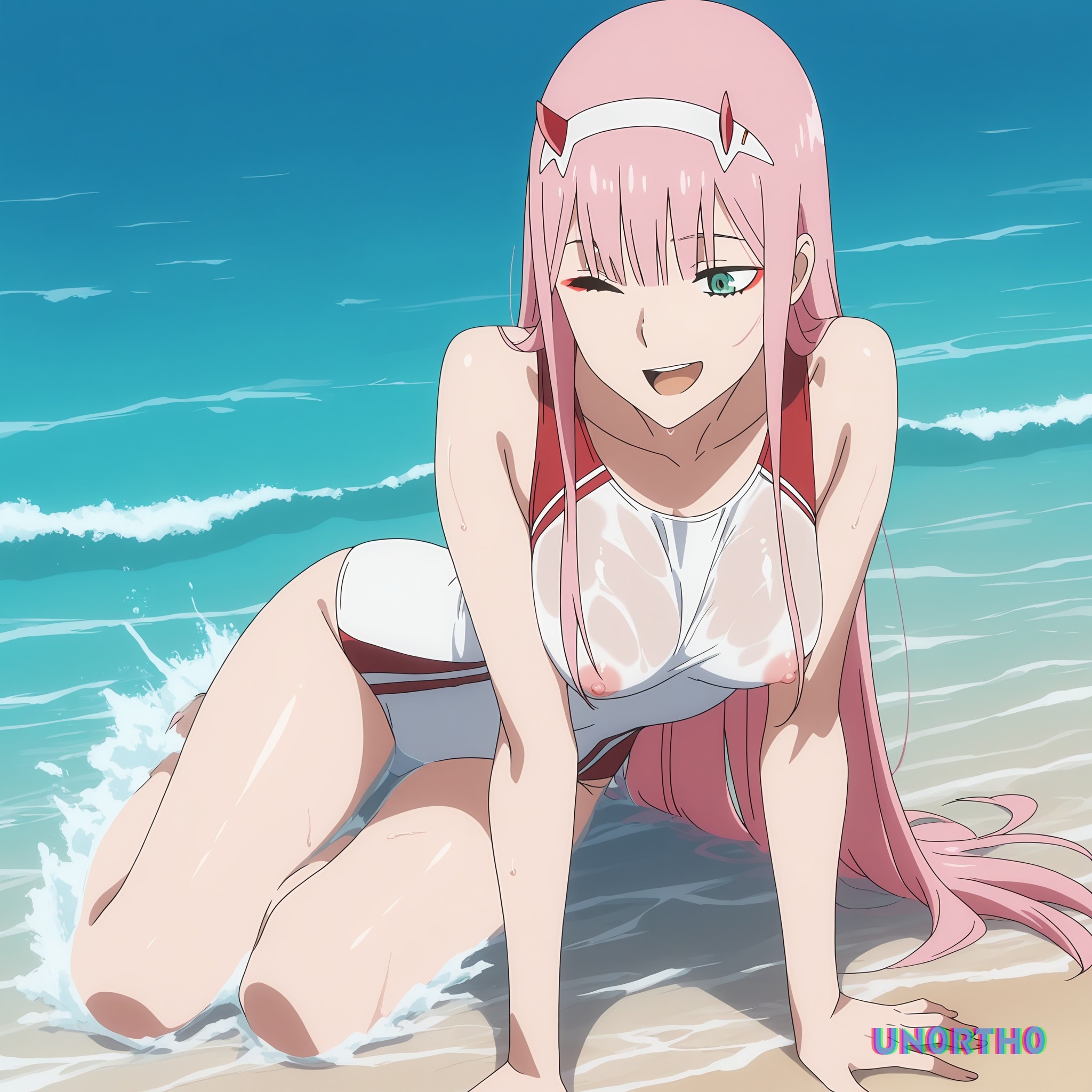 1girls, ai generated, beach, beautiful, darling in the franxx, female, green eyes, hairband, happy, hi res, horns, in water, long hair, nipples visible through clothing, pink hair, red horns, sand, smile, splashing water, un0rth0, water, wet, white swimsuit, zero two (darling in the franxx)