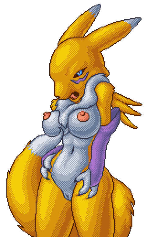 anthro areolae black_nose blue_eyes breasts digimon digimon_(species) digimon_tamers dithering female humbird0 mostly_nude nipples pixel_(artwork) pixel_art pussy renamon solo sprite tail tongue tongue_in_mouth transparent_background yellow_fur