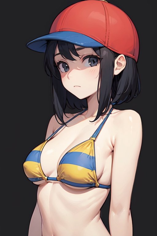 ai_generated bangs baseball_cap bikini black_eyes black_hair blush earthbound earthbound_(series) female long_hair looking_at_viewer mother_2 ness pale_skin pixai red_cap rule_63 sidelocks simple_background skinny slim slim_waist solo striped_bikini upper_body