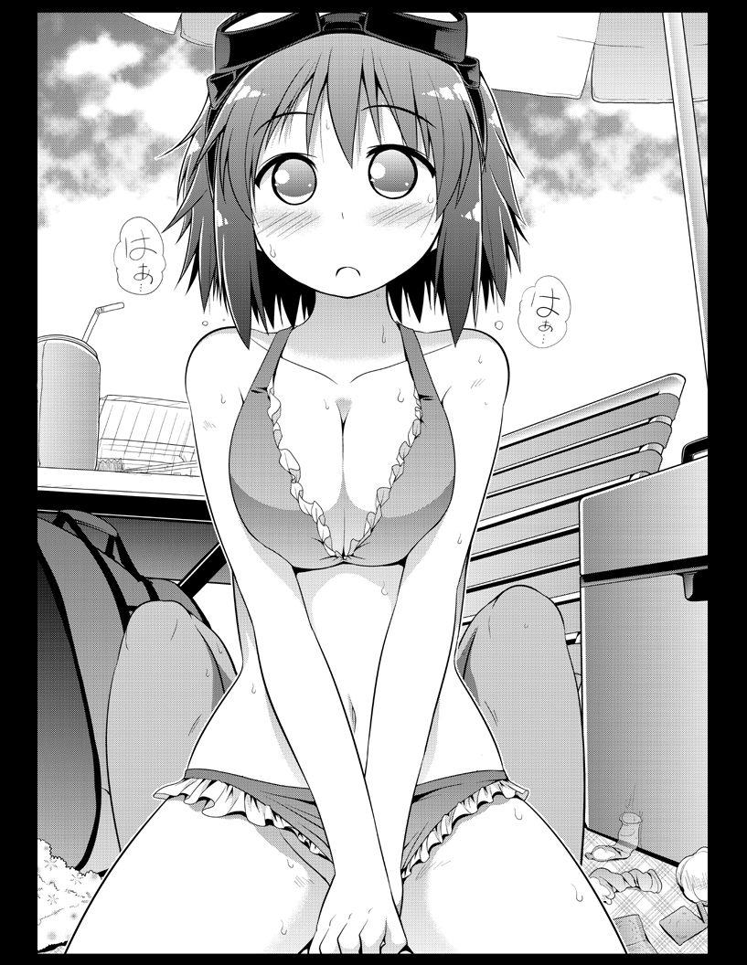 1girls bikini blush breasts celebi_ryousangata cleavage condom condom_wrapper cowgirl_position female frilled_bikini frills goggles goggles_on_head large_breasts megpoid_gumi monochrome navel pov sex short_hair solo straddle sweat swimsuit swimsuit_aside used_condom vocaloid windowboxed