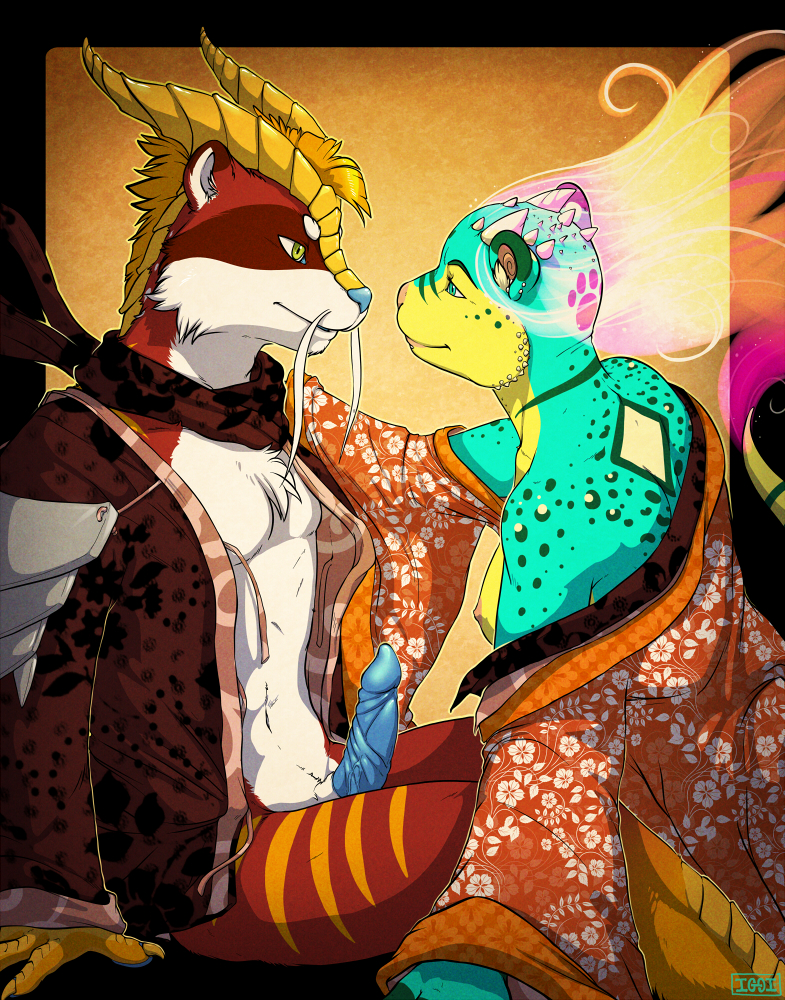 anthro bearded_dragon breasts chest_tuft clothes dragon ear_piercing ear_tuft eye_contact feline female fur furry green_eyes horn hybrid iggi iggi_eastwind japanese_clothes kimono looking_at_another male nipples ocelot penis piercing raccoon spikes spots straight