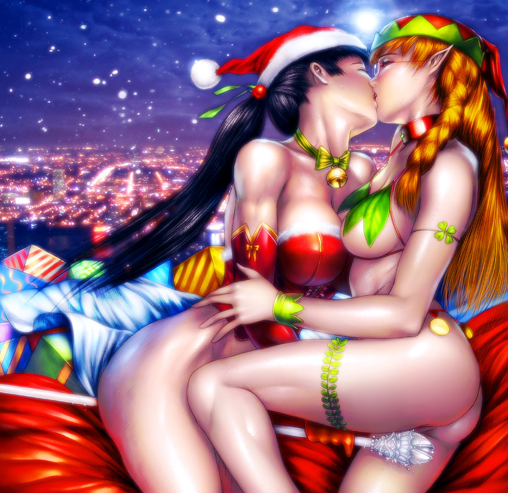 ass black_hair braid breasts censored christmas cleavage elf female glasses hands jpeg_artifacts kissing large_breasts legs multiple_girls mutual_yuri nipples original pointy_ears ponytail pussy_juice s_zenith_lee saliva santa_costume snow thighs tied_hair underboob wallpaper yuri