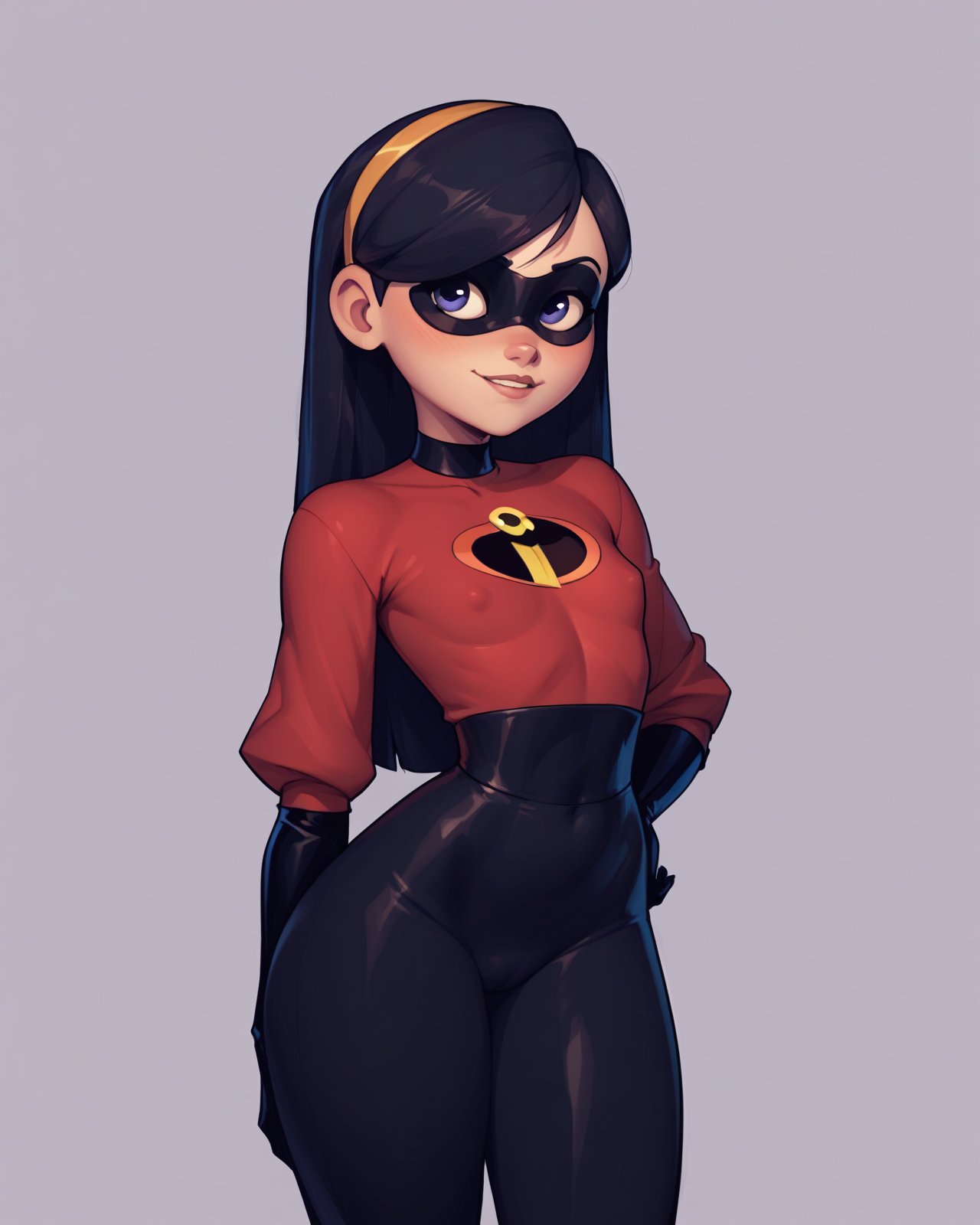 1girls ai_generated black_hair blue_eyes female female_only hentaikapten human long_hair mask small_breasts solo standing superheroine the_incredibles tight_clothing violet_parr