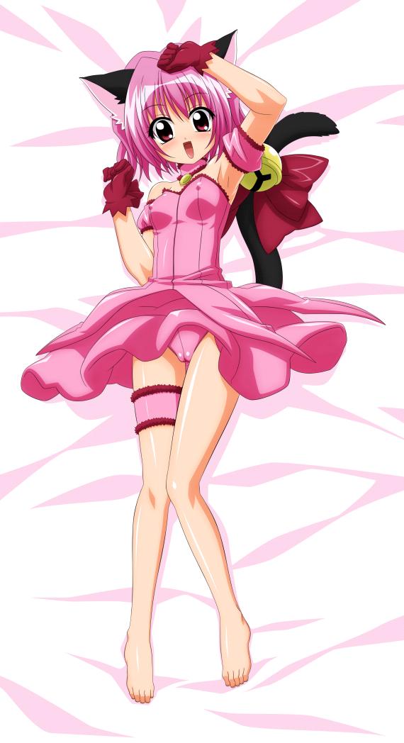 animal_ears arm_garter barefoot bed_sheet bell cameltoe cat_ears cat_tail dakimakura erect_nipples feet female garters gloves ichigo_momomiya jingle_bell leotard lying magical_girl mew_ichigo pink_hair short_hair solo sugimura_tomokazu tail tail_bell tokyo_mew_mew