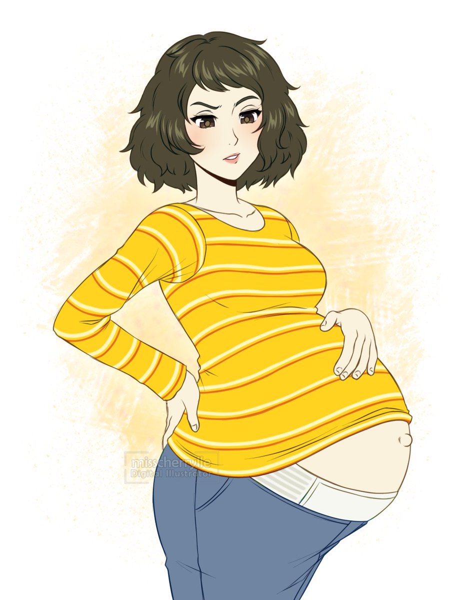 1girls big_belly black_hair bloated_belly blush brown_eyes clothing female female_only fully_clothed hand_on_belly hyper_belly misscherrylle navel outie_navel persona persona_5 pregnant sadayo_kawakami short_hair teacher wardrobe_malfunction