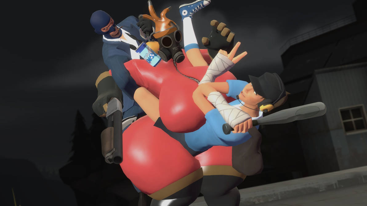 2girls1boy ass big_ass big_breasts big_butt big_thighs breasts female fempyro femscout fully_clothed huge_ass huge_breasts large_ass large_breasts large_butt large_thighs latex_suit spy_(team_fortress_2) team_fortress_2 thick_thighs thighs tomas9ira