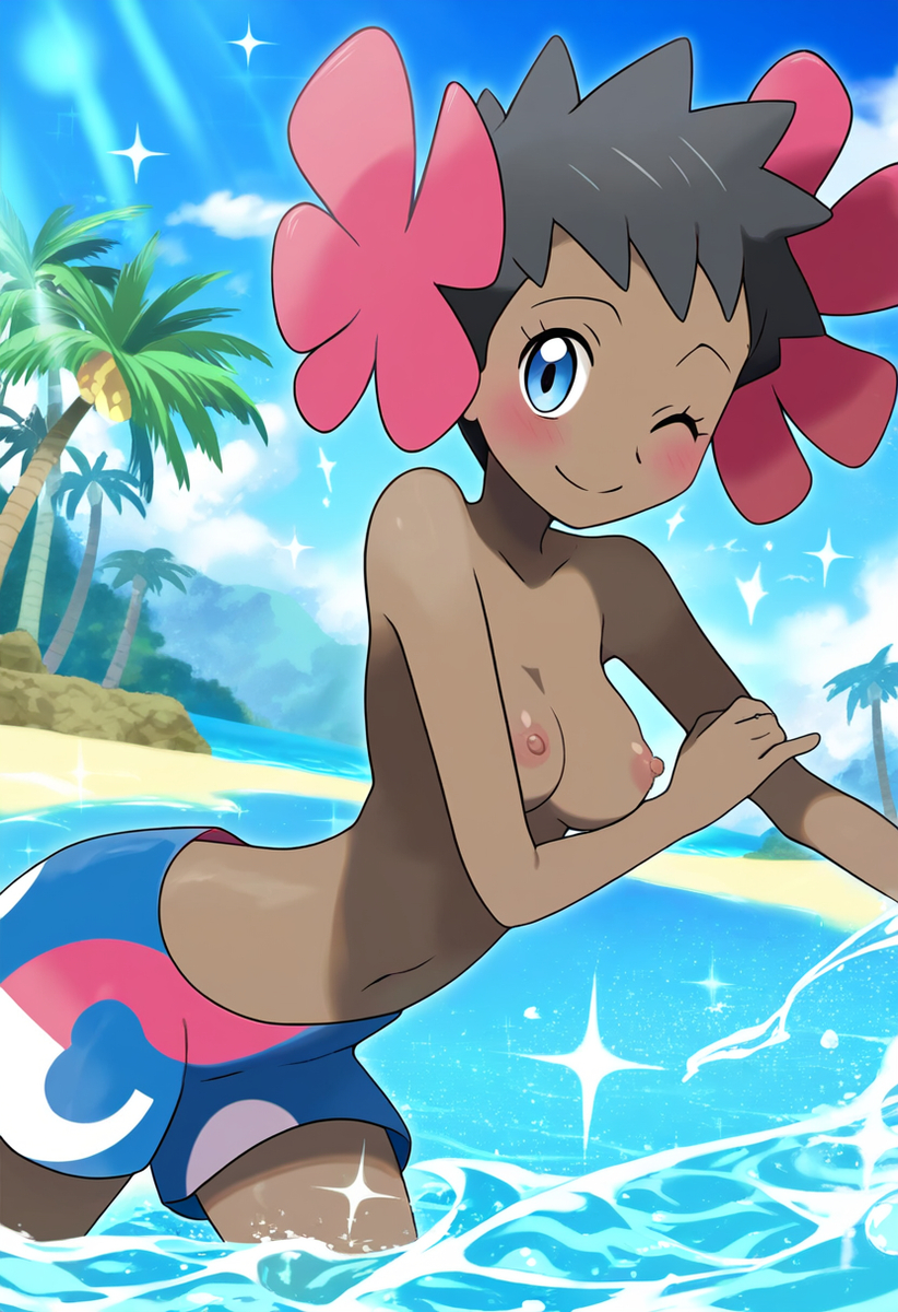 ai_generated beach breasts phoebe_(pokemon) pokemon smile swim_trunks topless