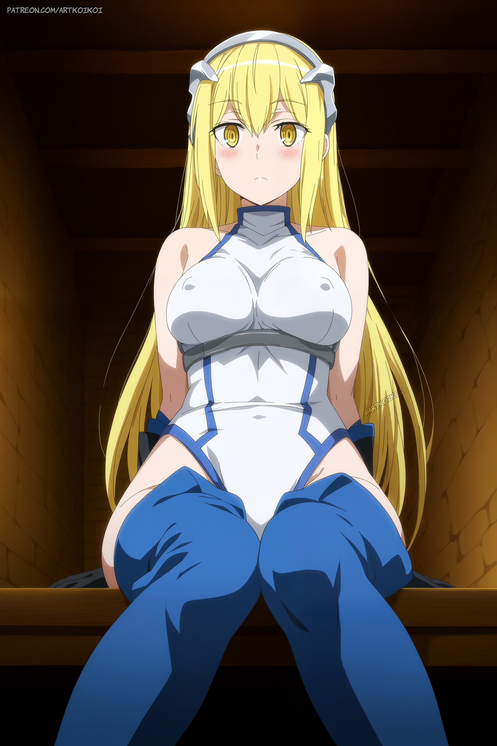 1girls, accurate art style, ai assisted, ai generated, aiz wallenstein, arms behind back, artkoikoi, big breasts, blonde hair, blonde-haired female, breasts, clothed, clothed female, clothing, commentary request, dungeon ni deai wo motomeru no wa machigatteiru darou ka, english commentary, female, female only, hi res, highres, indoors, koikoi, light skin, light-skinned female, looking at viewer, sitting, solo, solo female, thighs, very high resolution, very long hair, very long-haired female, visible nipples, yellow eyes, yellow-eyed female