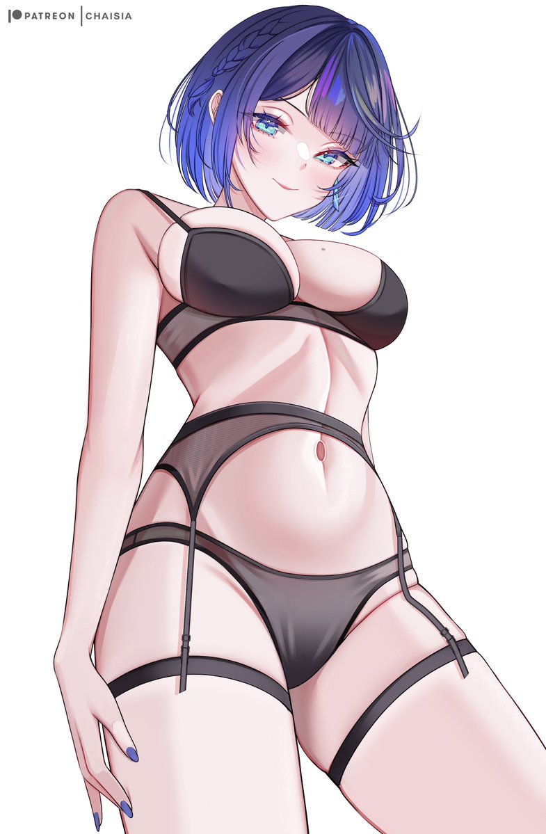 1girls 2d 2d_(artwork) alternate_costume belly_button big_breasts black_bra black_lingerie black_thong blue_eyes blue_hair blue_nails bra chaisia female female_focus female_only front_view genshin_impact light-skinned_female light_skin lingerie lingerie_bra lingerie_only lingerie_panties low-angle_view mature mature_female mole mole_on_breast navel revealing_clothes short_hair simple_background slim_girl smiling smiling_at_viewer solo solo_female solo_focus standing thong white_background yelan_(genshin_impact)