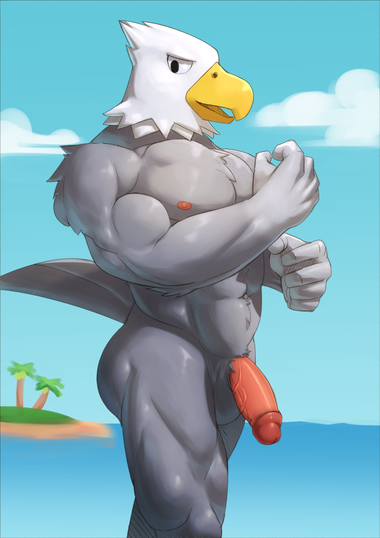 accipitrid accipitriform animal_crossing anthro apollo_(animal_crossing) avian beach bird cloud colored eagle grey_body hi_res jrjresq male muscular muscular_male nintendo nipples penis solo water wet