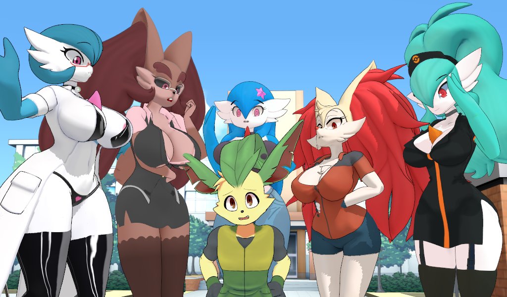 1boy 5girls big_breasts braixen bray_(lucyfercomic) breasts cleavage colette_(inarifox) dr._voir eeveelution female female_gardevoir furry gardevoir huge_breasts hybrid_pokemon kaito_(inarifox) leafeon lopunny lucyfercomic nurz_(lucyfercomic) pokemon pokemon_(species) tagme thick_thighs wide_hips