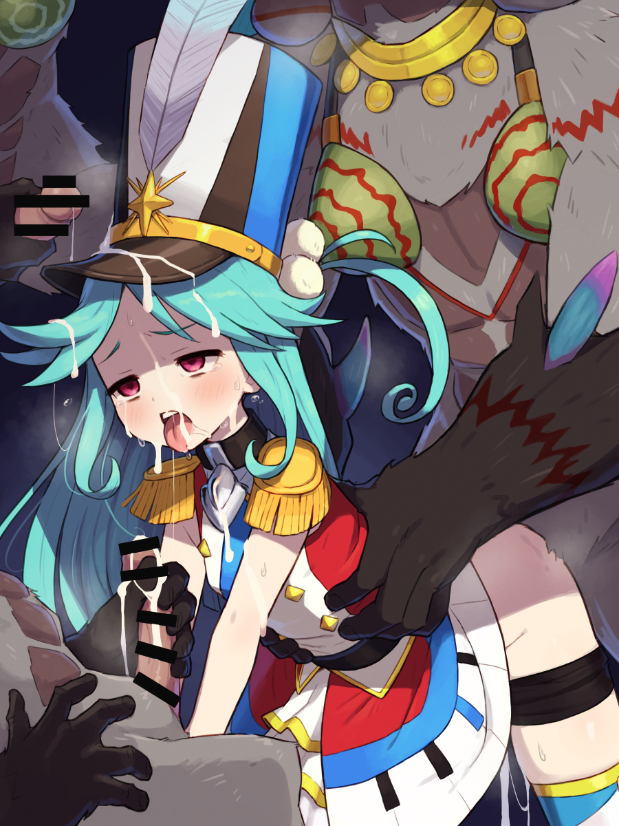 3boys aqua_hair bar_censor beball_(megido72) bike_shorts bike_shorts_pull censored chiwino clenched_teeth clothed_sex cum cum_on_clothes cum_overflow epaulettes facial female furry furry_with_non-furry hat highres interspecies long_hair megido72 multiple_boys penis petite pink_eyes rape sex sex_from_behind tearing_up teeth tongue tongue_out top_hat torso_grab