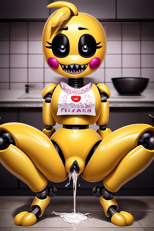 1girls after_sex aged_down ai_generated animatronic anthro bib black_eyes black_sclera chibi chica cum cum_in_pussy cum_inside cumdrip facing_viewer five_nights_at_freddy's kitchen looking_at_viewer pussy robot sharp_teeth solo squatting toy_chica_(fnaf) yellow_body