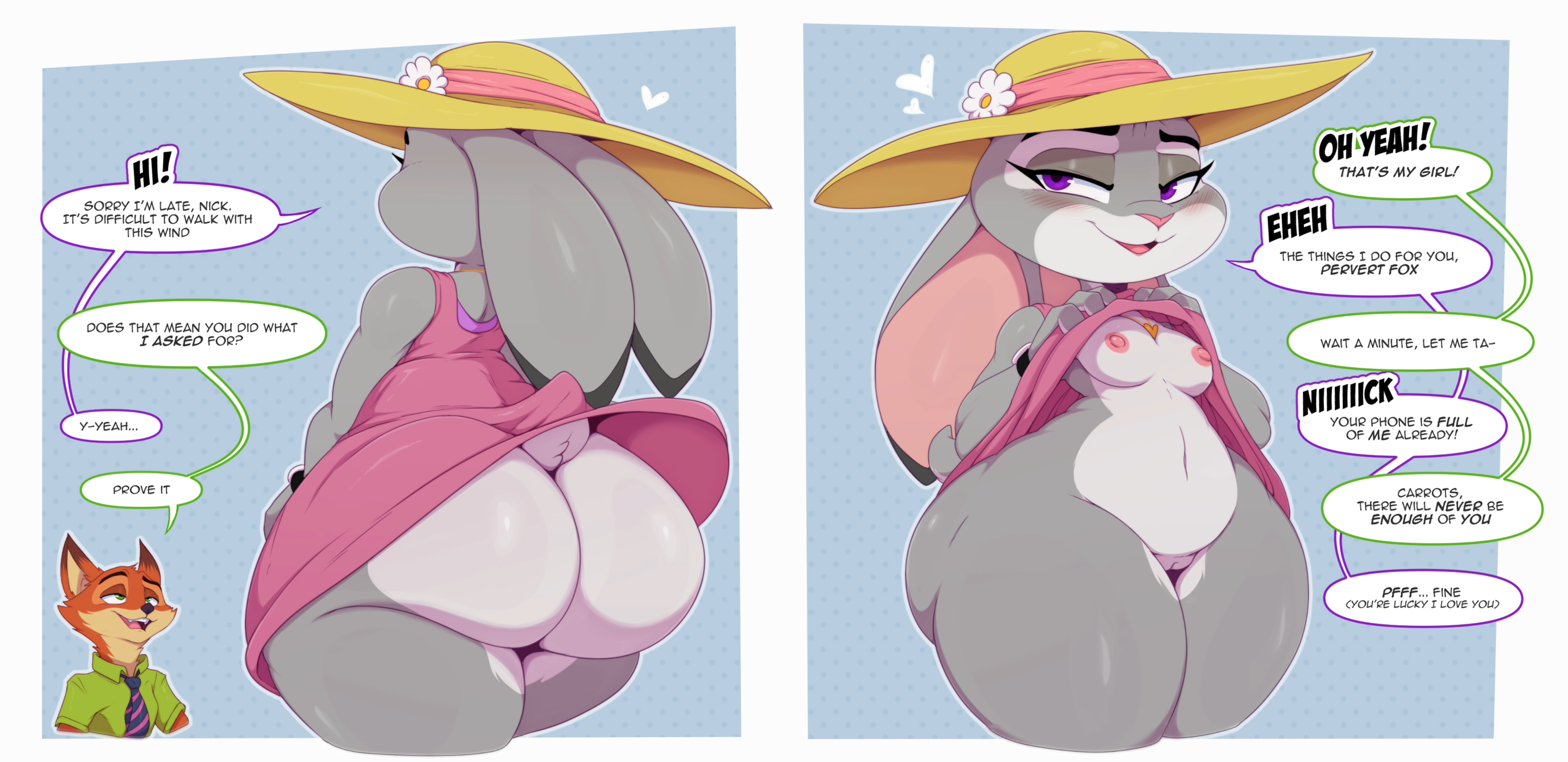 1boy, 1girls, anthro, areola, ass, big ass, big butt, bigdon1992, biped, bottom heavy, breasts, bubble ass, bubble butt, canid, canine, clothed, clothing, dialogue, disney, dress, dress lift, english text, fat ass, female, fox, genitals, hat, headgear, headwear, hi res, huge ass, judy hopps, lagomorph, large ass, leporid, male, mammal, nick wilde, nipples, no bra, no panties, no underwear, png, pupils, pussy, rabbit, small breasts, speech bubble, text, thick ass, thick thighs, wide hips, zootopia