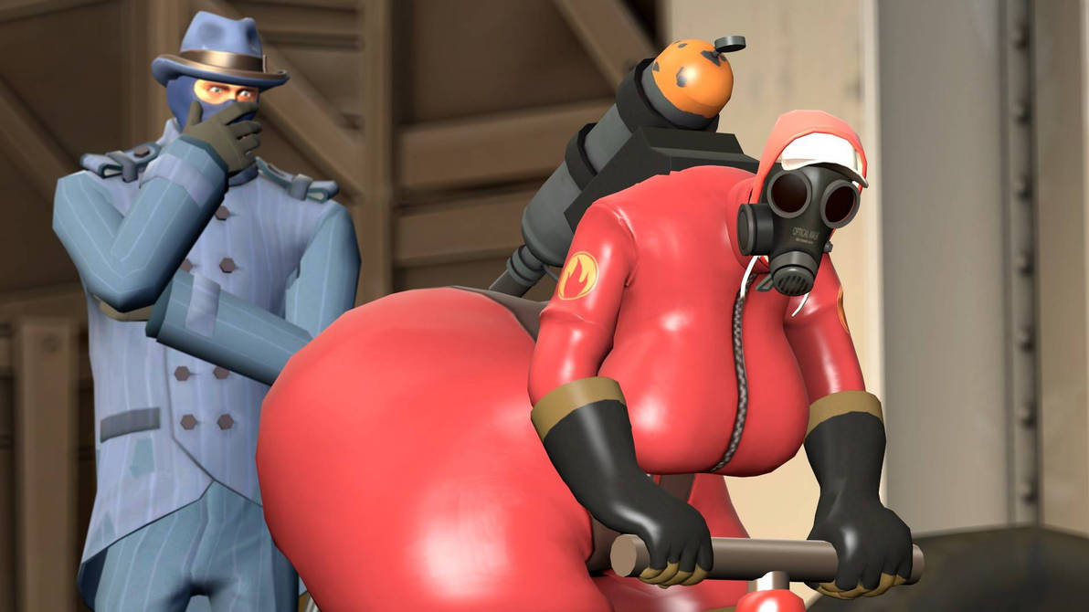 1boy 1girls ass big_ass big_breasts big_butt big_thighs breasts expansion female fempyro fully_clothed huge_ass huge_breasts large_ass large_breasts large_butt large_thighs latex_suit male spy_(team_fortress_2) team_fortress_2 thick_thighs thighs tomas9ira