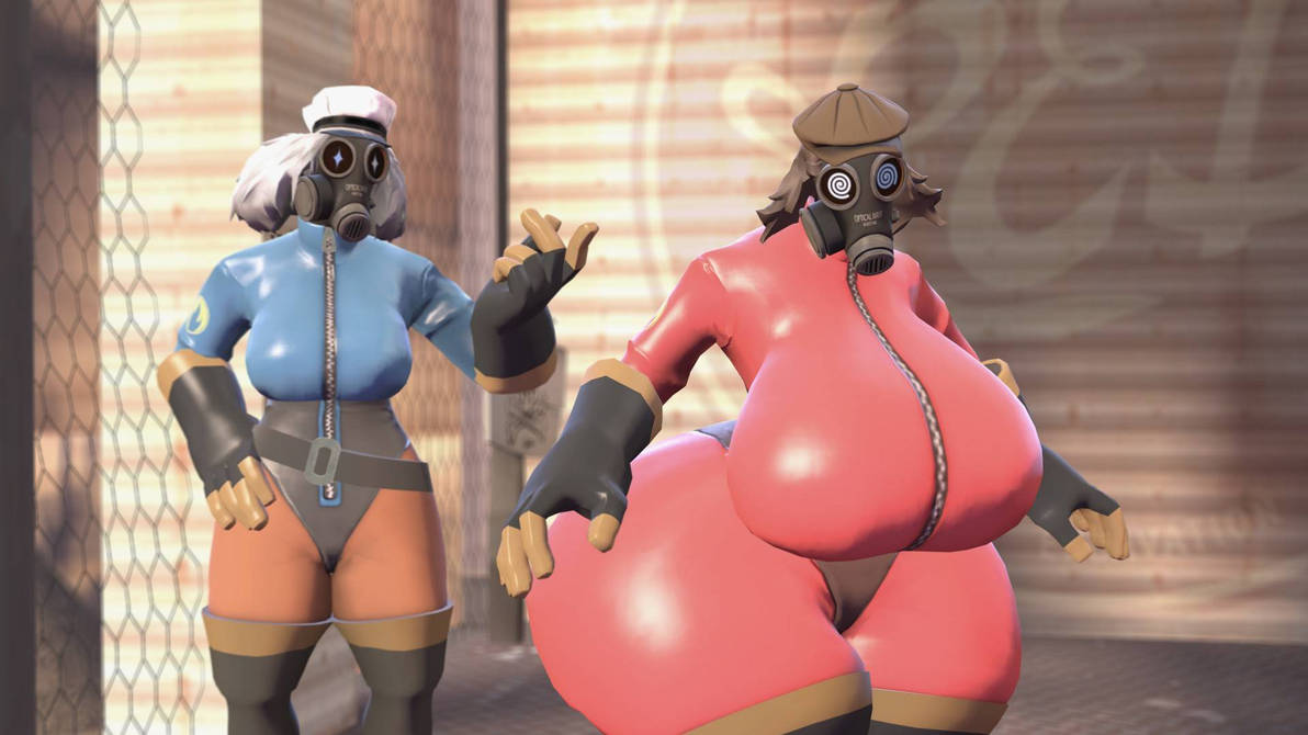 2girls ass big_ass big_breasts big_butt big_thighs breasts female fempyro fully_clothed huge_ass huge_breasts hypnosis large_ass large_breasts large_butt large_thighs latex_suit team_fortress_2 thick_thighs thighs tomas9ira