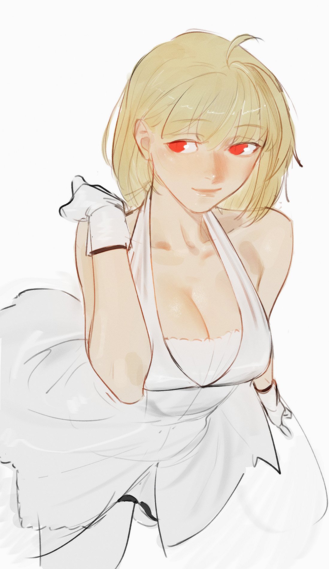 alternate_breast_size arcueid_brunestud big_breasts blonde_hair breasts_bigger_than_head cleavage dress gloves huge_boobs huge_breasts large_boobs large_breasts leo. leodot red_eyes rkgk short_hair sketch tsukihime vampire vampire_girl white_dress white_gloves