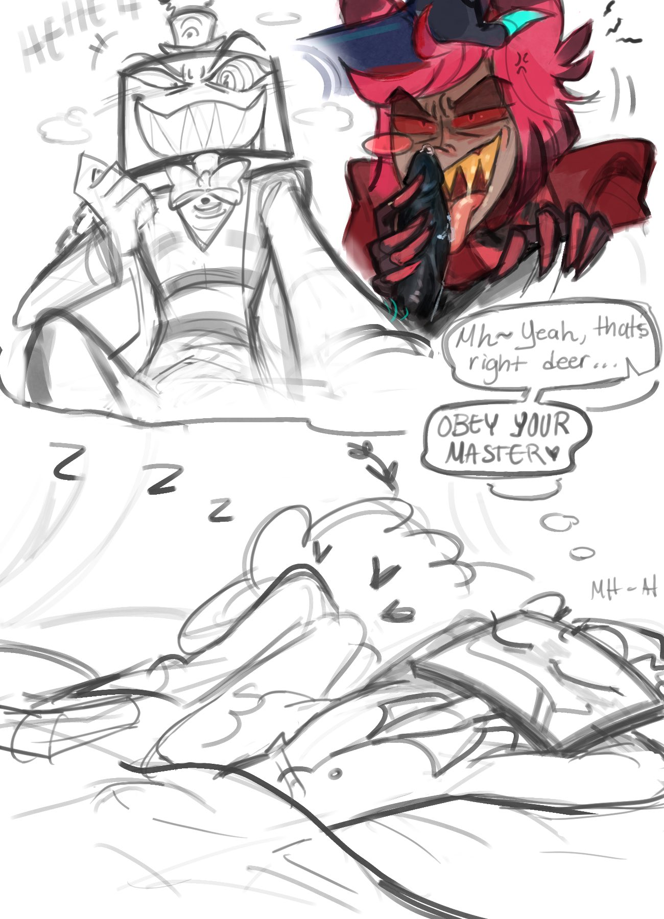 2024, 2d, alastor (hazbin hotel), antlers, artist request, deer, demon, demon boy, gay, hazbin hotel, humanoid, male, penis, valentino (hazbin hotel), vox (hazbin hotel)