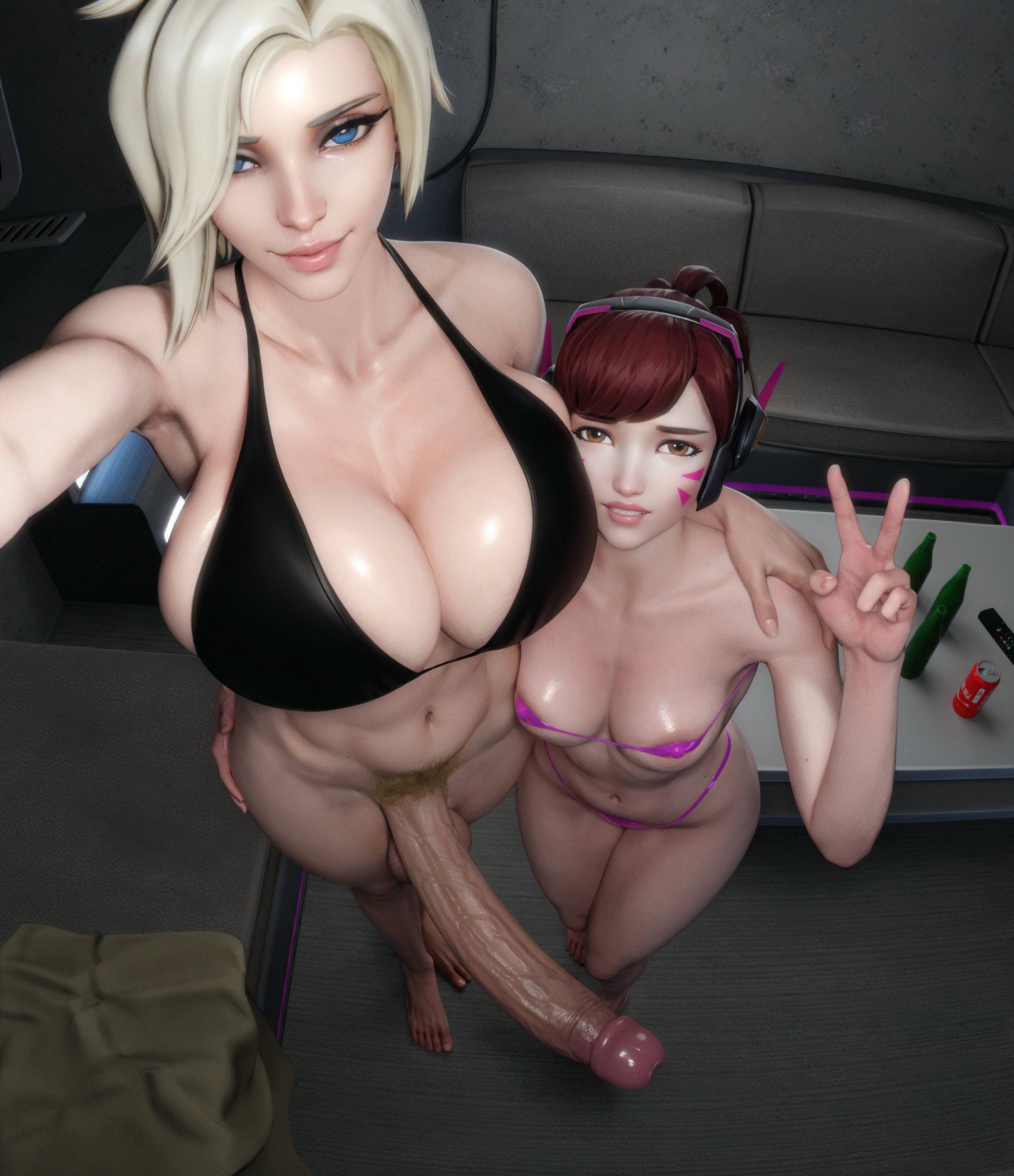 1futa, 1girls, 3d, bikini, bikini top, breasts, d.va, female, futa focus, futa on female, futanari, height difference, high-angle view, huge breasts, huge cock, intersex, mercy, overwatch, overwatch 2, penis, selfie, uncensored, zzzxxxccc